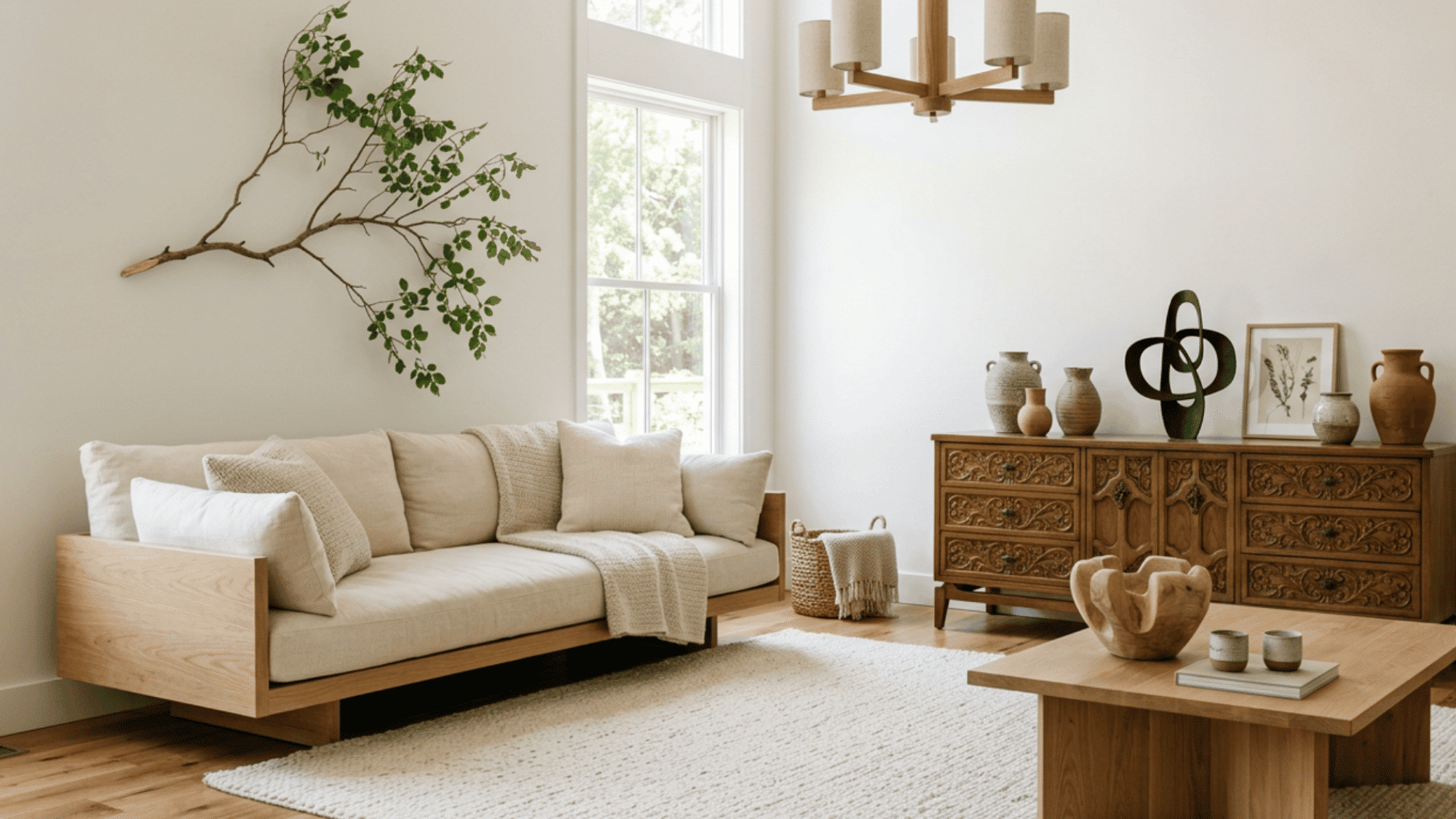 Japanese-inspired minimalist living room with wooden furniture and natural decor