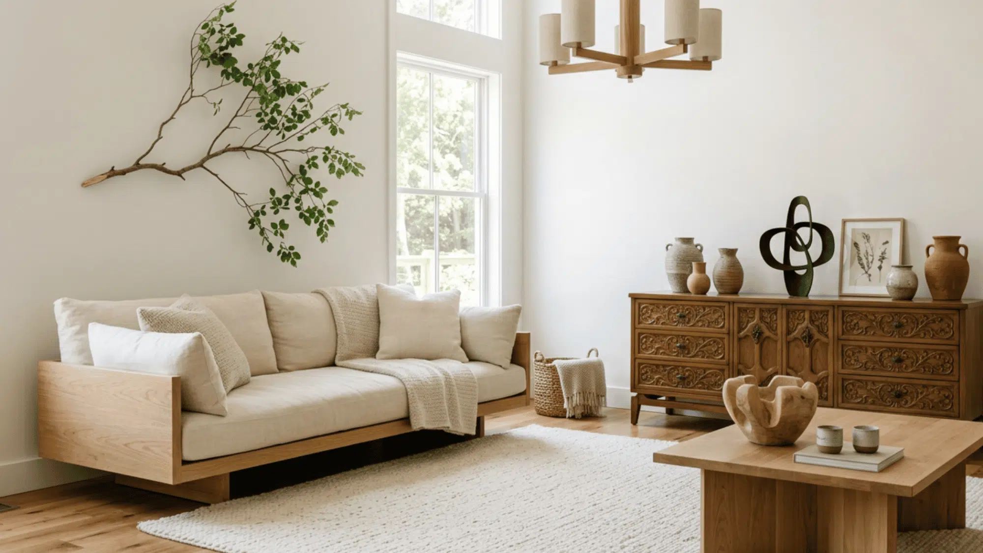 Japanese-inspired minimalist living room with wooden furniture and natural decor