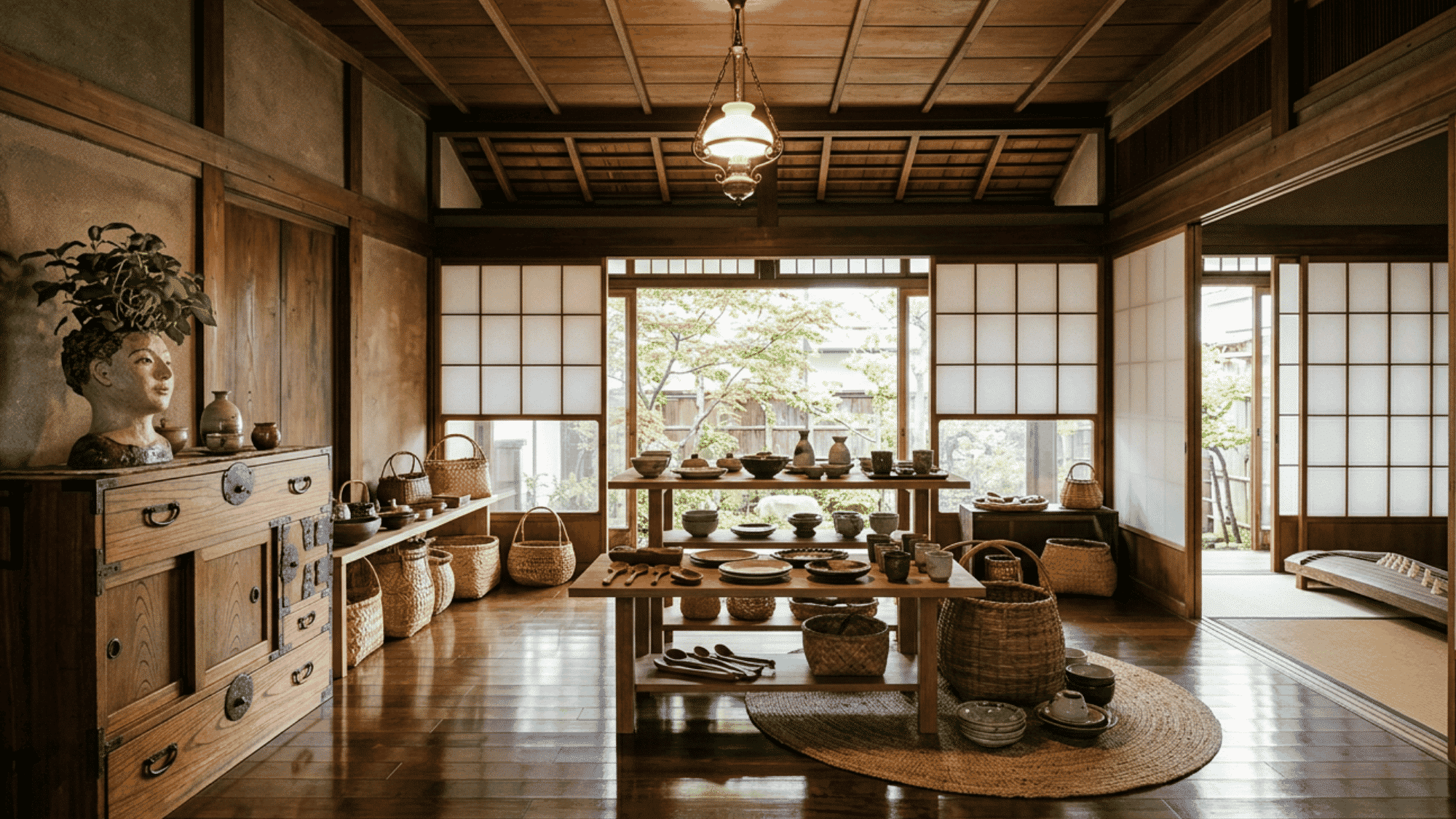 Japanese interior with wooden furniture, shoji doors, and natural decor