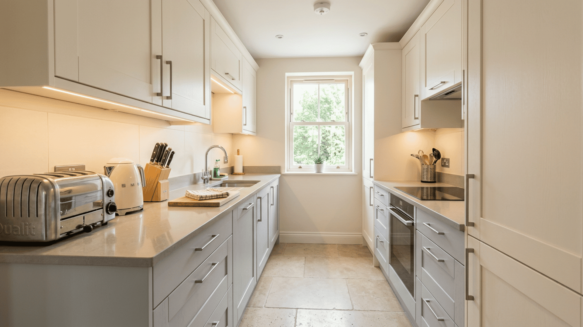 Small galley kitchen with soft gray lower cabinets, white uppers, and warm lighting.