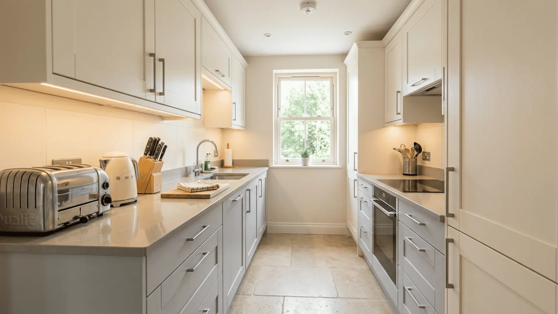 Small galley kitchen with soft gray lower cabinets, white uppers, and warm lighting.