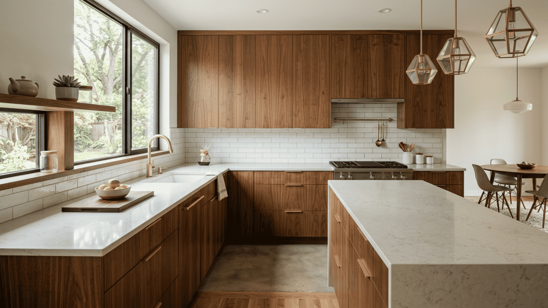Mid-century kitchen with warm walnut flat-panel cabinets