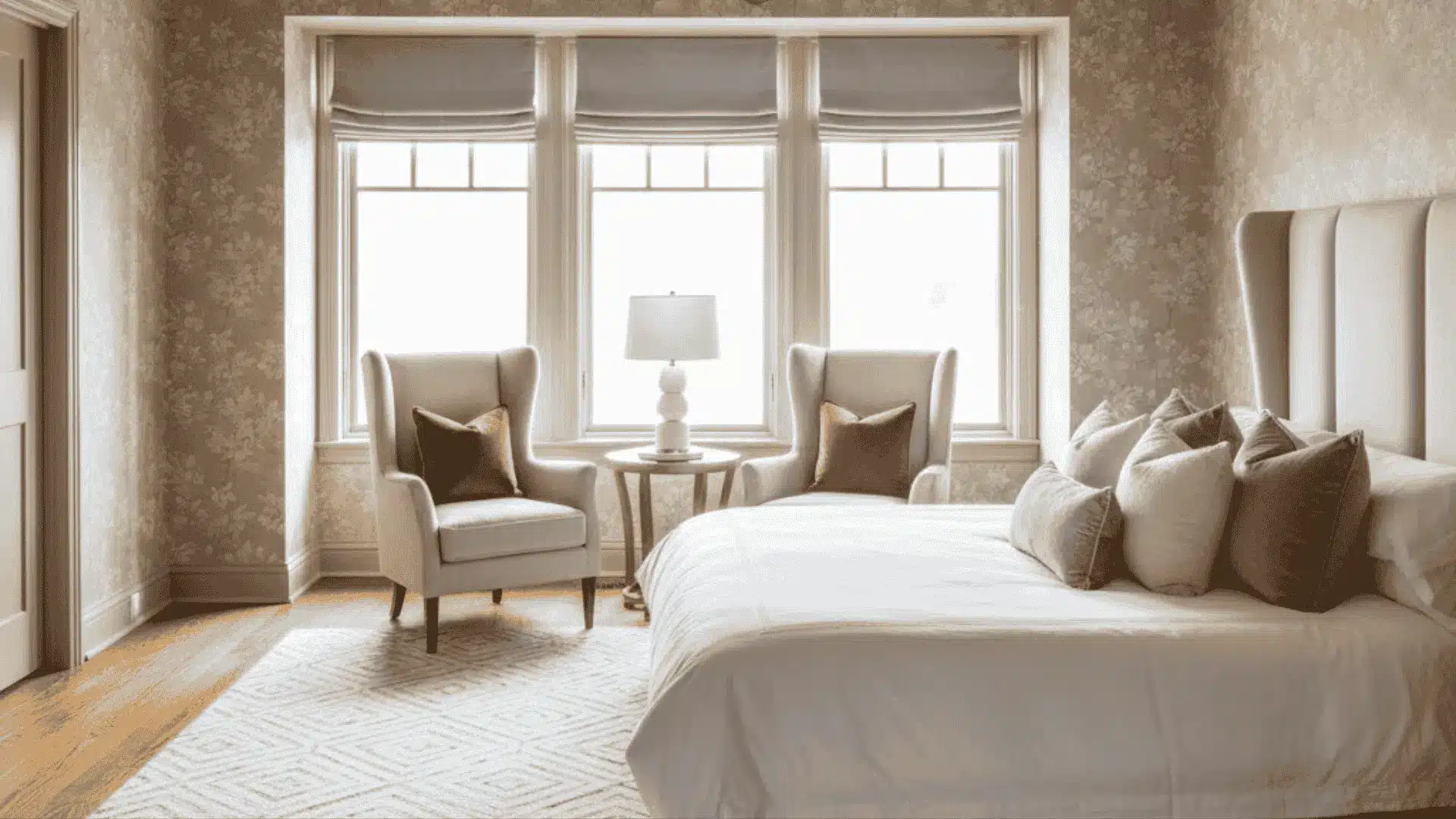 Classic interior design with botanical wallpaper, cream wingback chairs, and a large bed in a warm beige bedroom