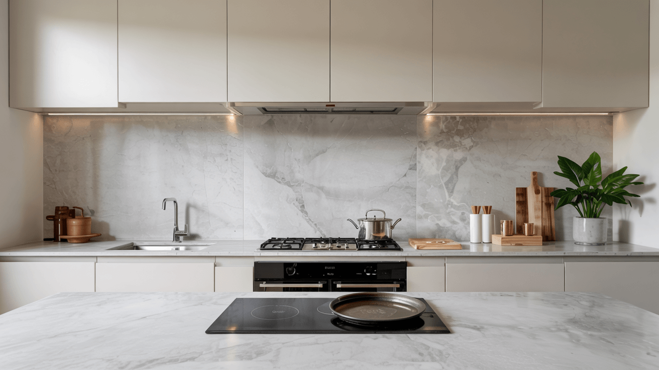 clutter-free kitchen with a marble backsplash, white cabinets, and a clean central cooktop