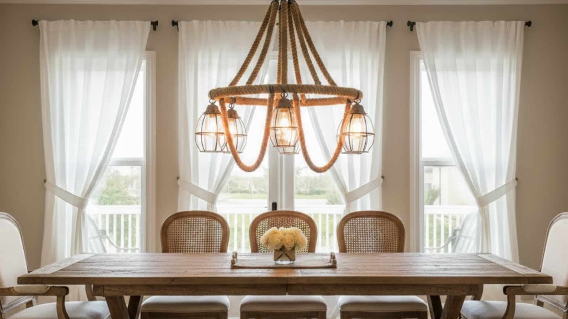 rope and wood chandelier hanging above a coastal dining table near sheer curtains