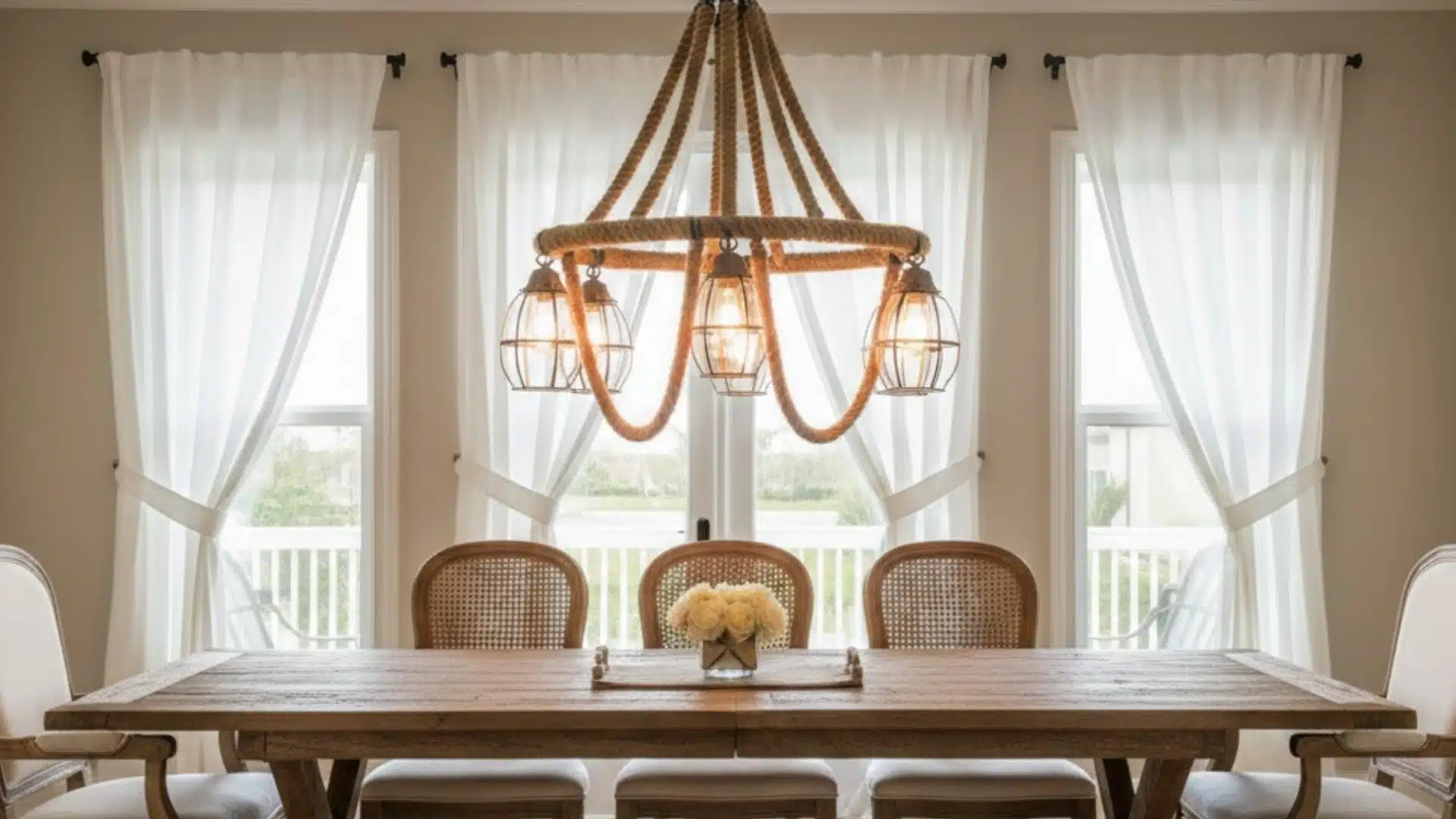 rope and wood chandelier hanging above a coastal dining table near sheer curtains