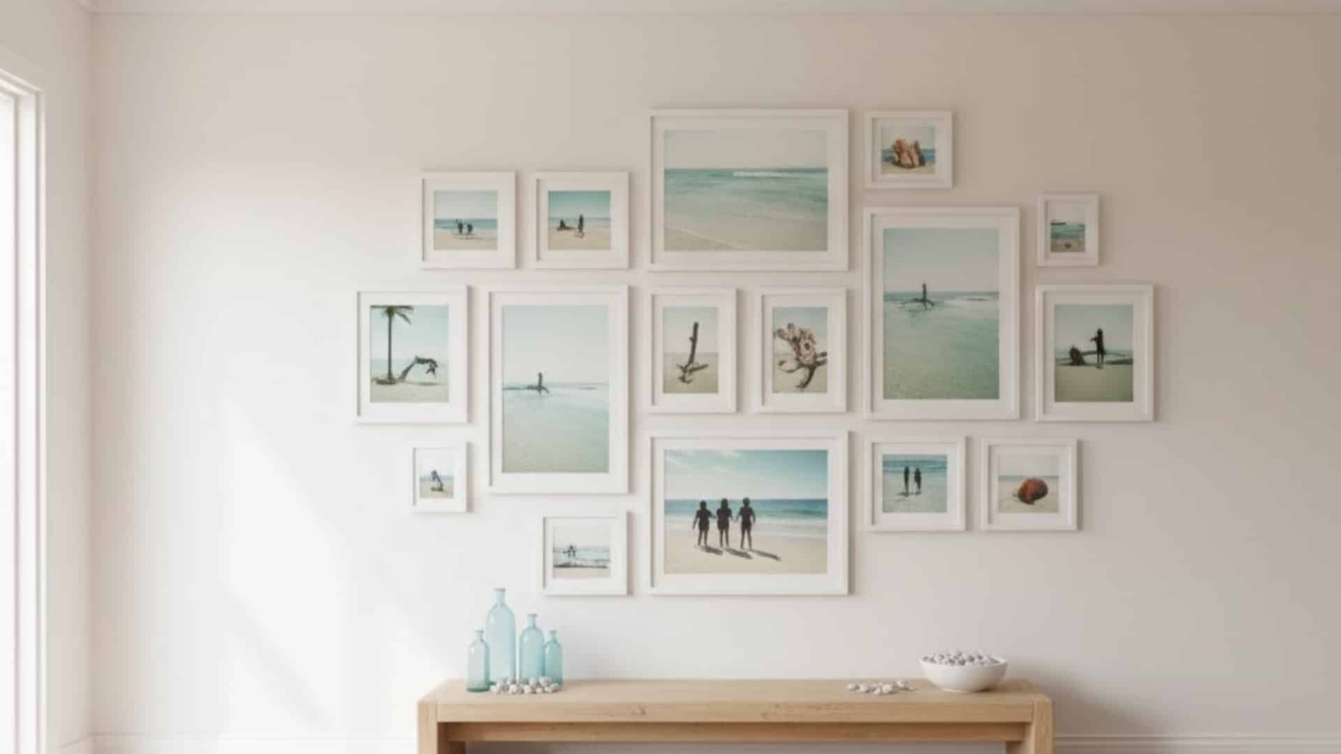 coastal gallery wall with framed beach prints above a light wooden console