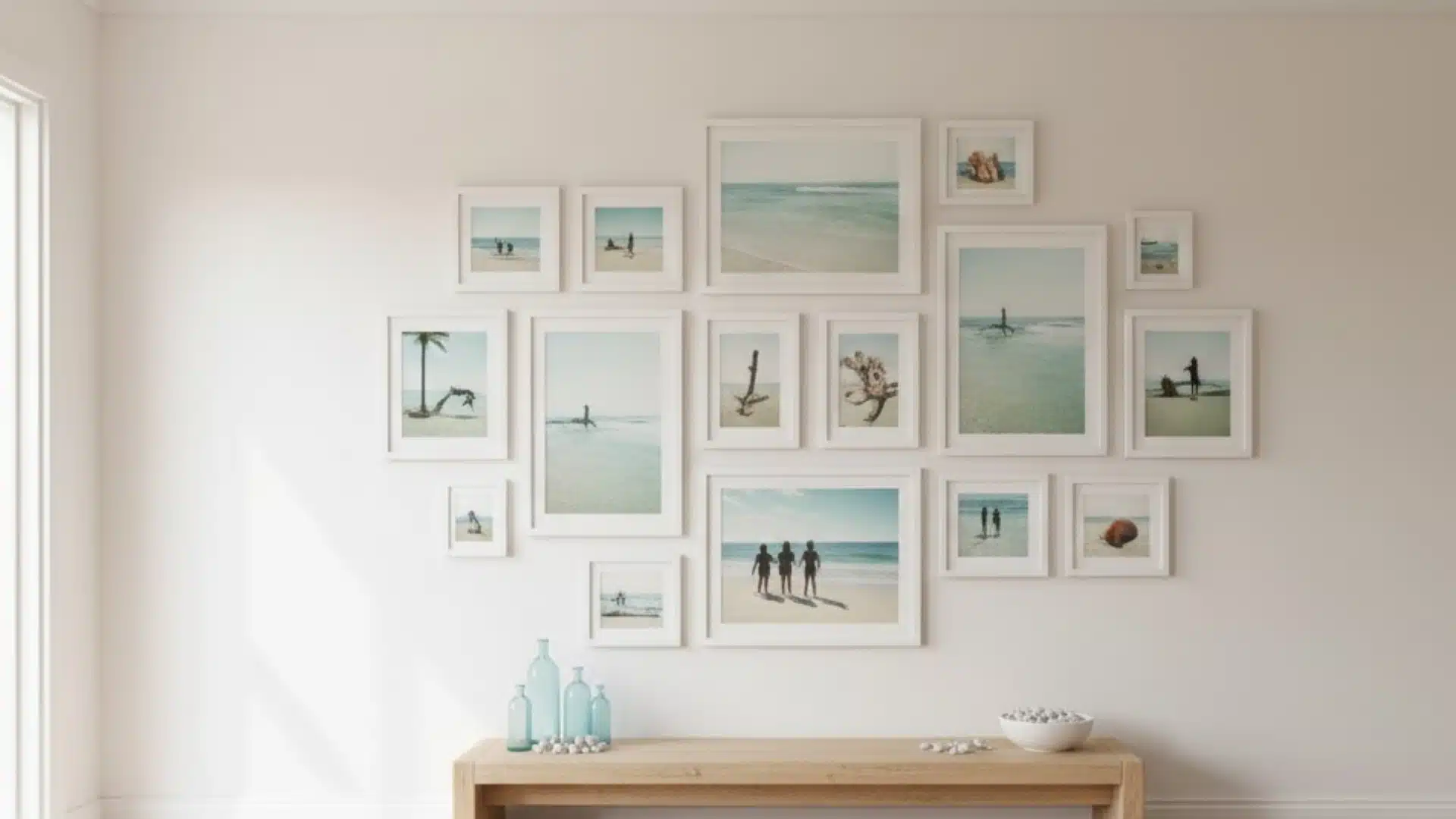 coastal gallery wall with framed beach prints above a light wooden console