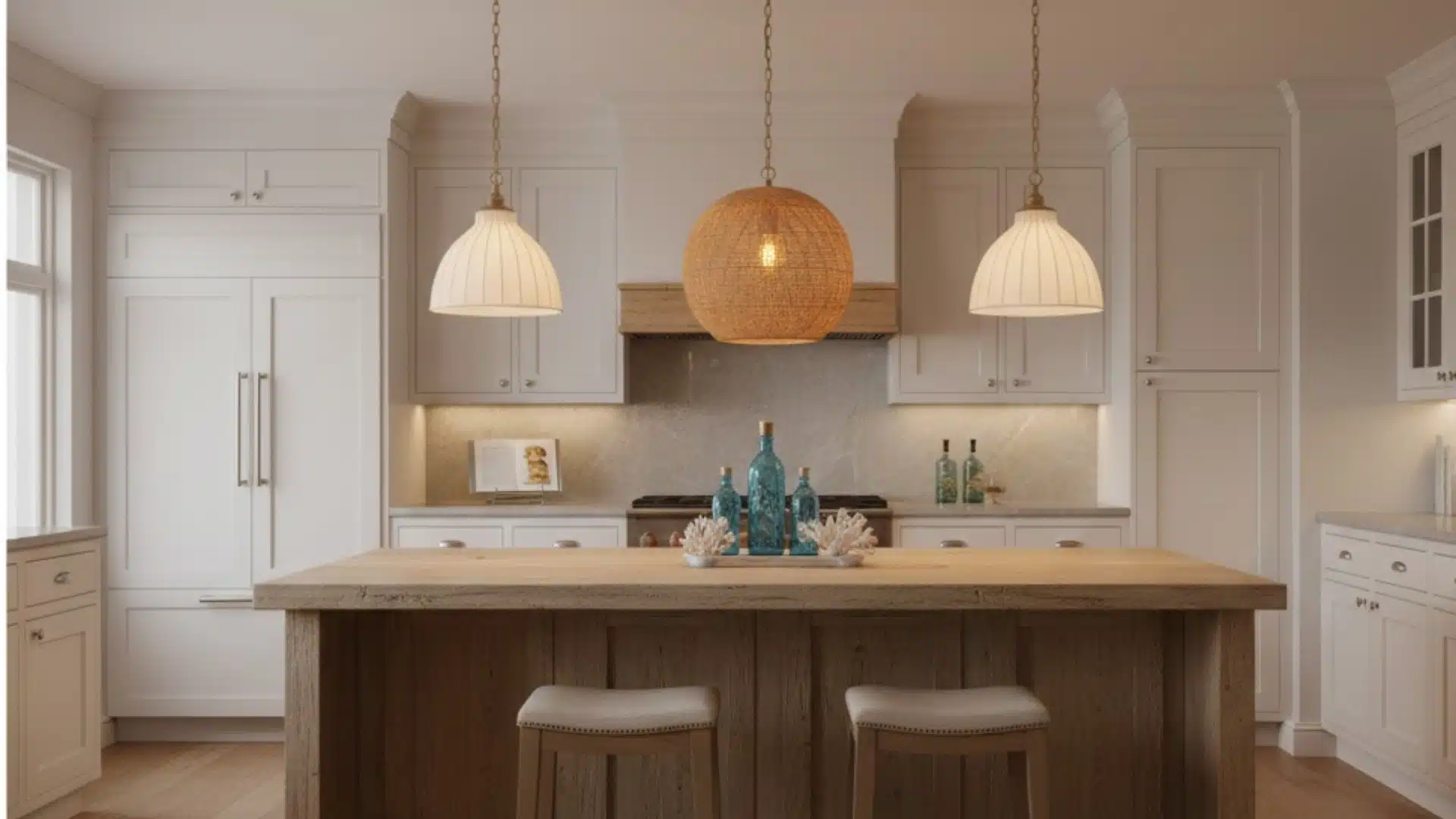 coastal kitchen island with woven pendant lights, stools, and white cabinets
