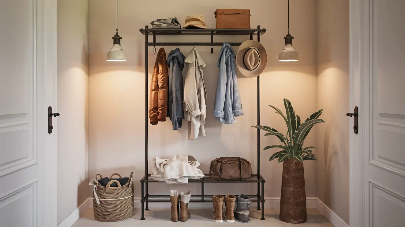 entryway coat rack with jackets, hats, bags, shoes, and a potted plant