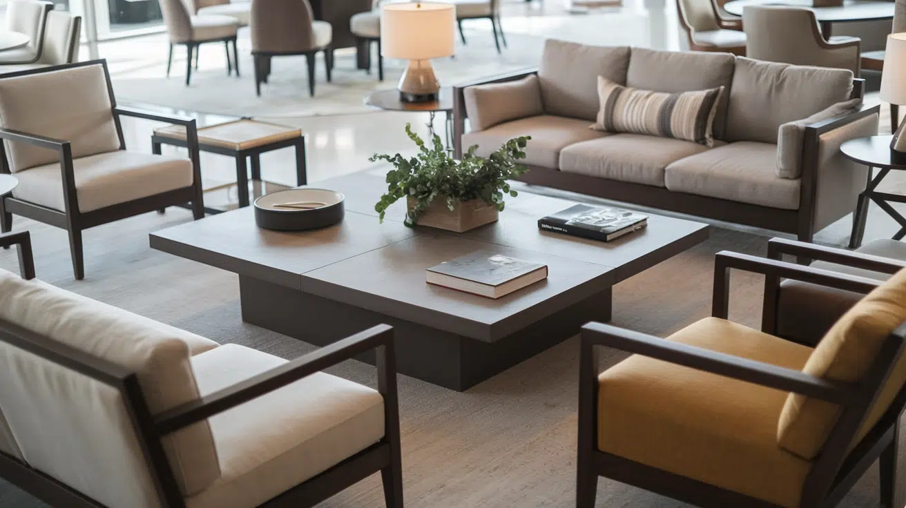 square coffee table surrounded by sofas and armchairs in a bright living room