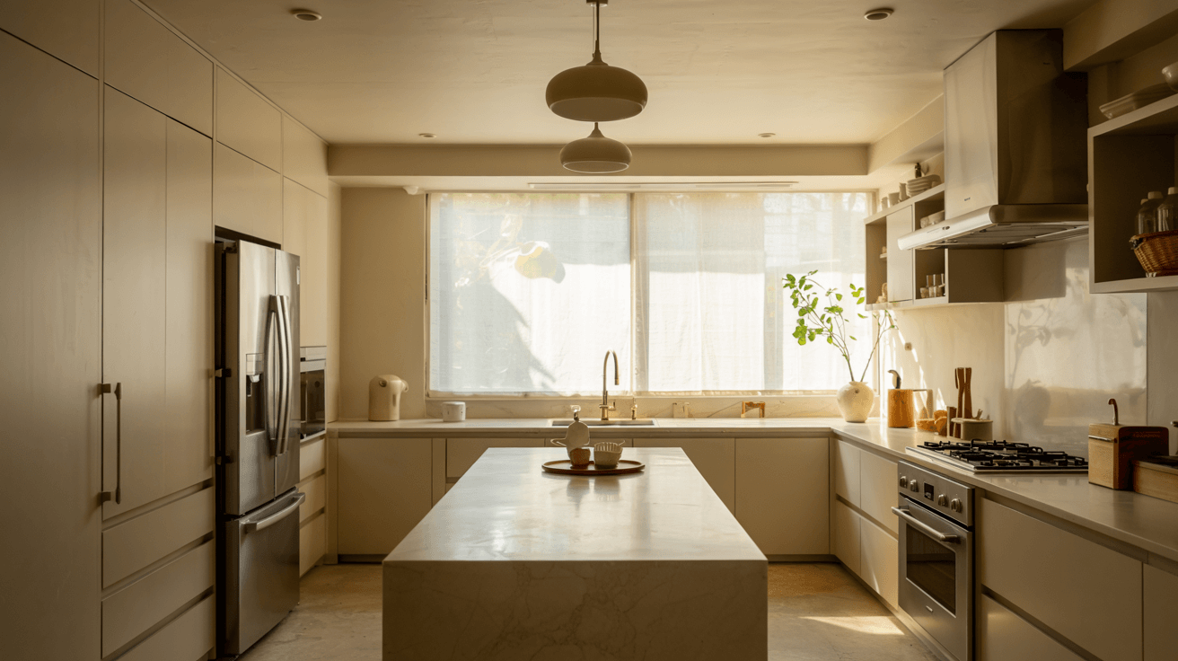 compact modern kitchen with built-in appliances, central island, and warm neutral cabinetry
