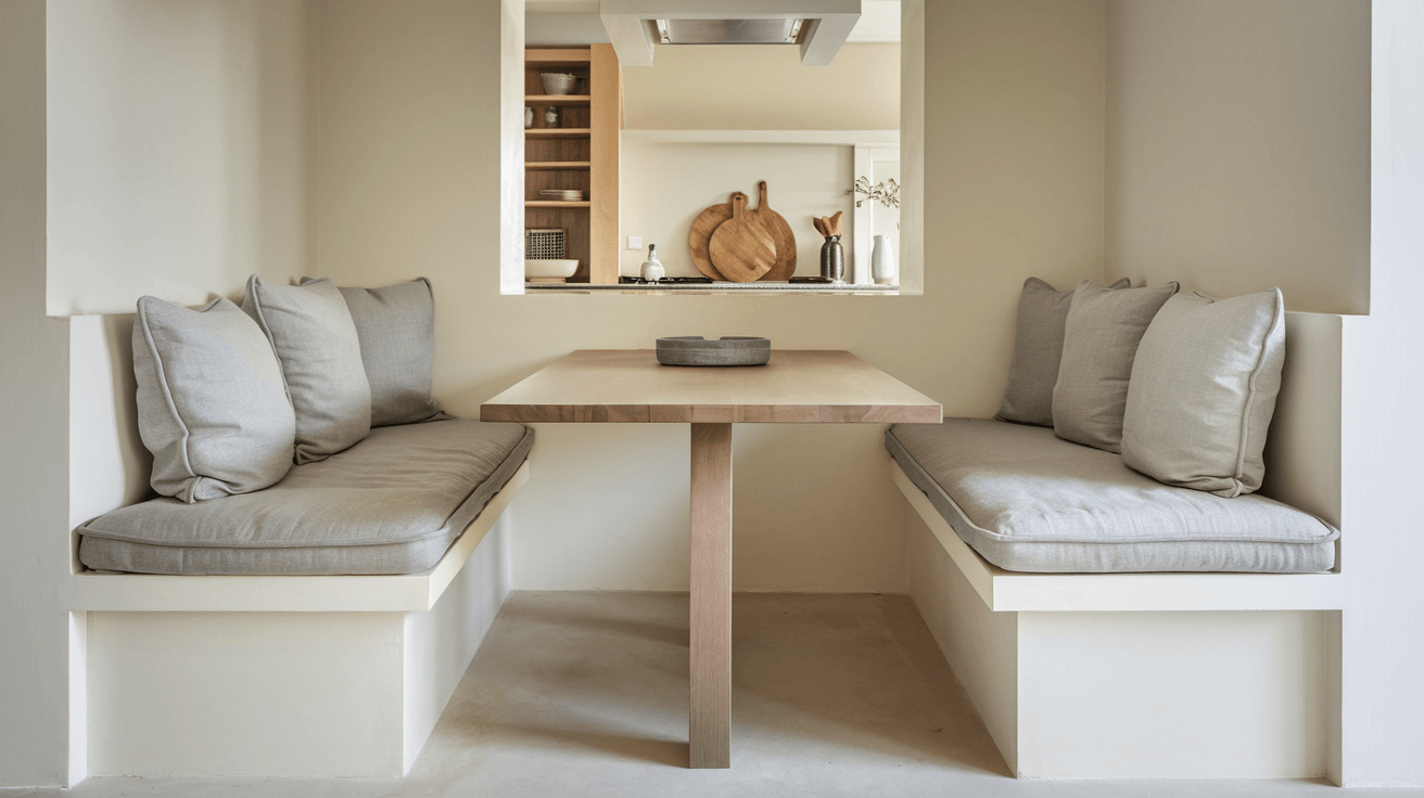 small breakfast nook with built-in cushioned benches, a table, and overhead storage