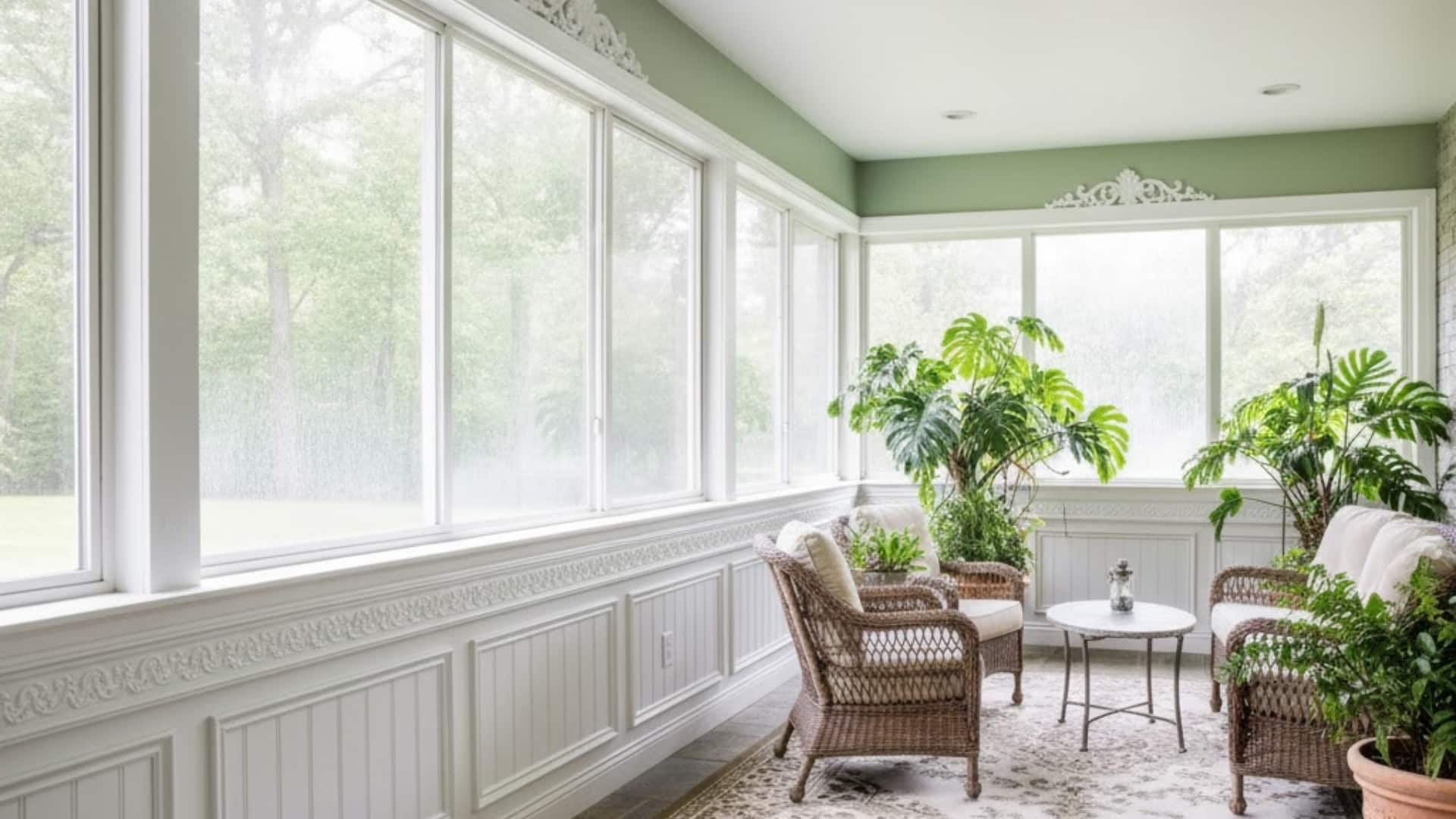 bright sunroom with detailed composite chair rail molding and large windows