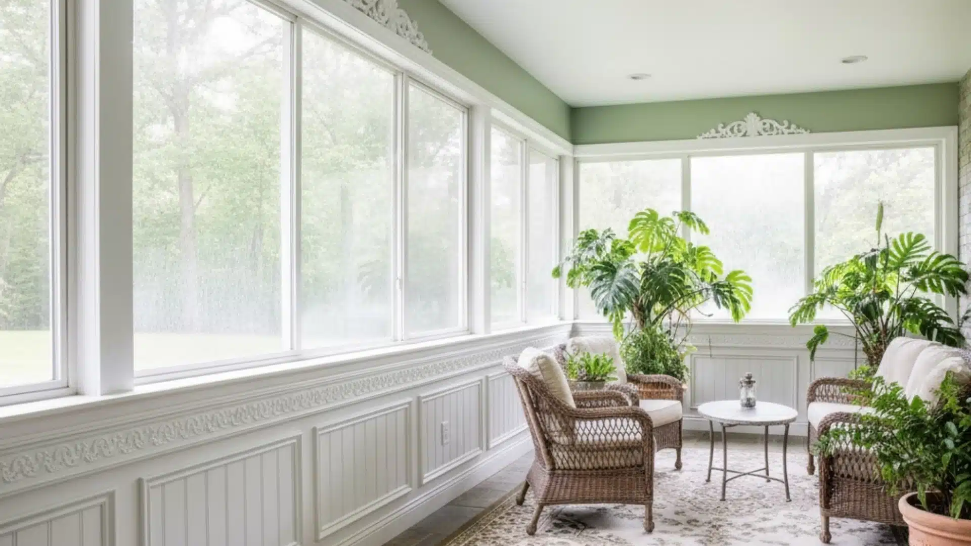 bright sunroom with detailed composite chair rail molding and large windows