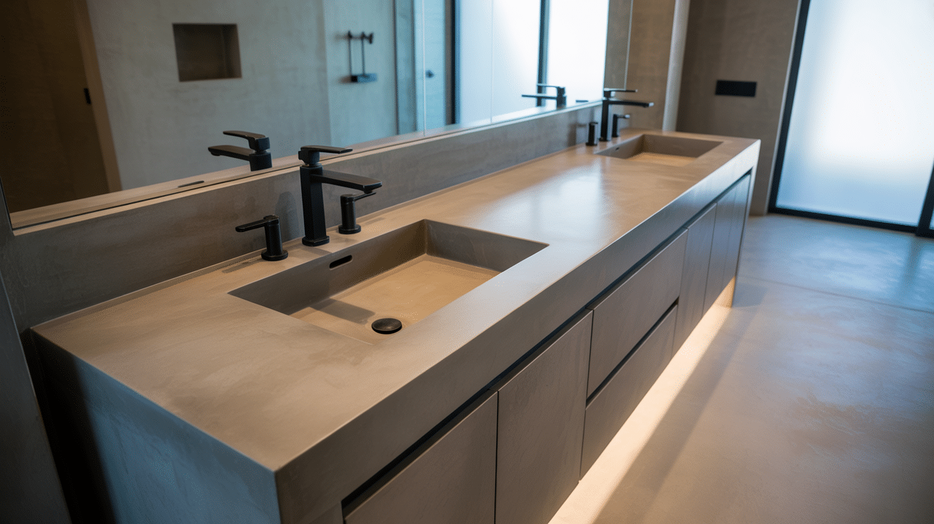 long concrete vanity with two integrated sinks, black faucets, and a wide wall mirror