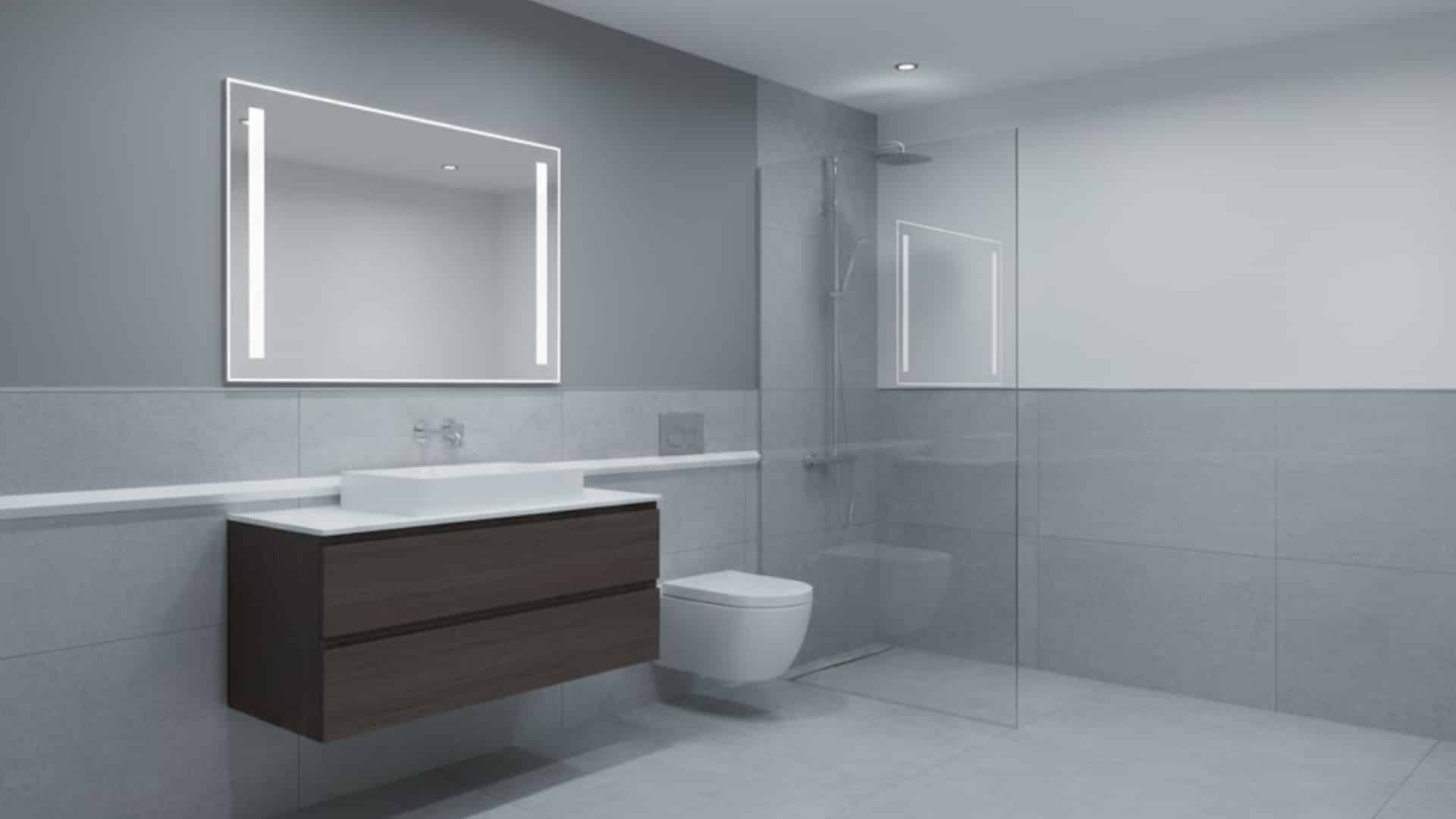 modern gray bathroom with a sharp-edged chair rail separating wall finishes