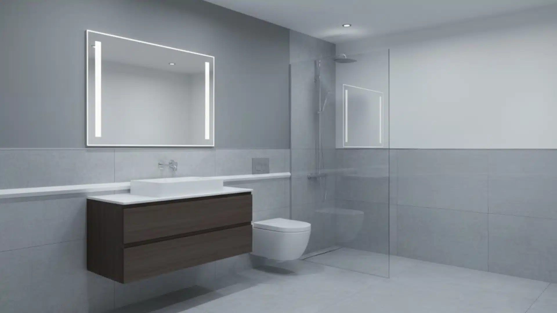 modern gray bathroom with a sharp-edged chair rail separating wall finishes