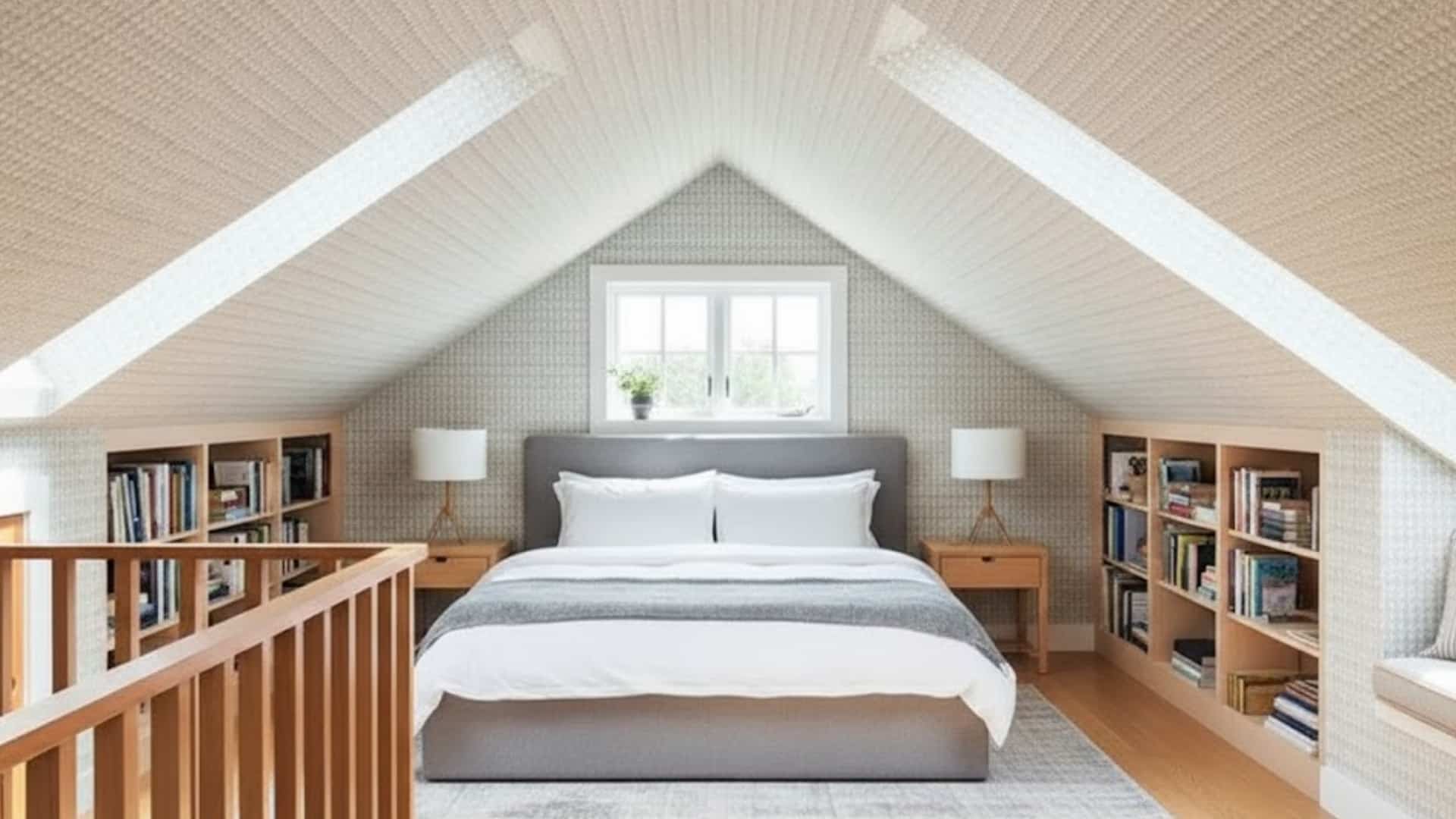 converted attic bedroom with sloped ceiling, built-in shelves, and cozy sleeping area.