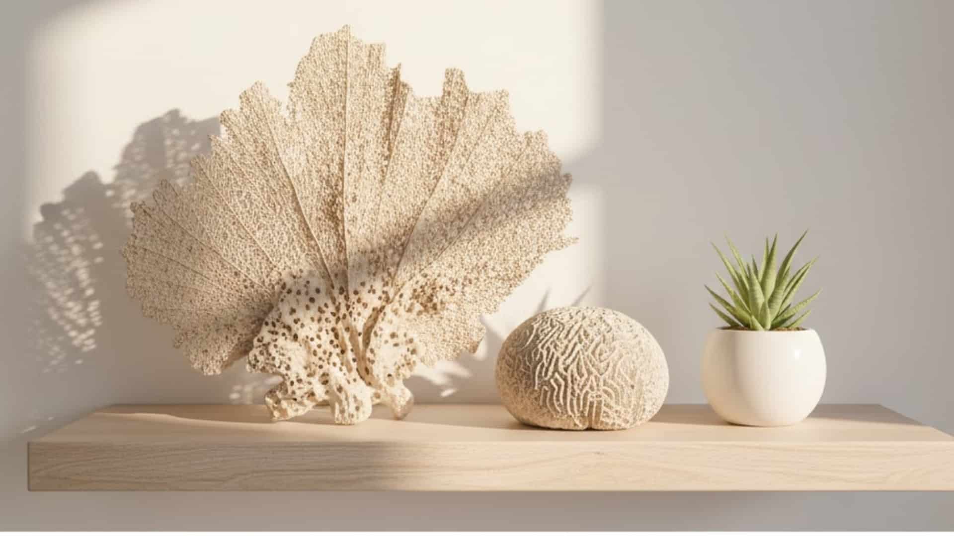 white coral sculptures displayed on a shelf beside a small potted plant