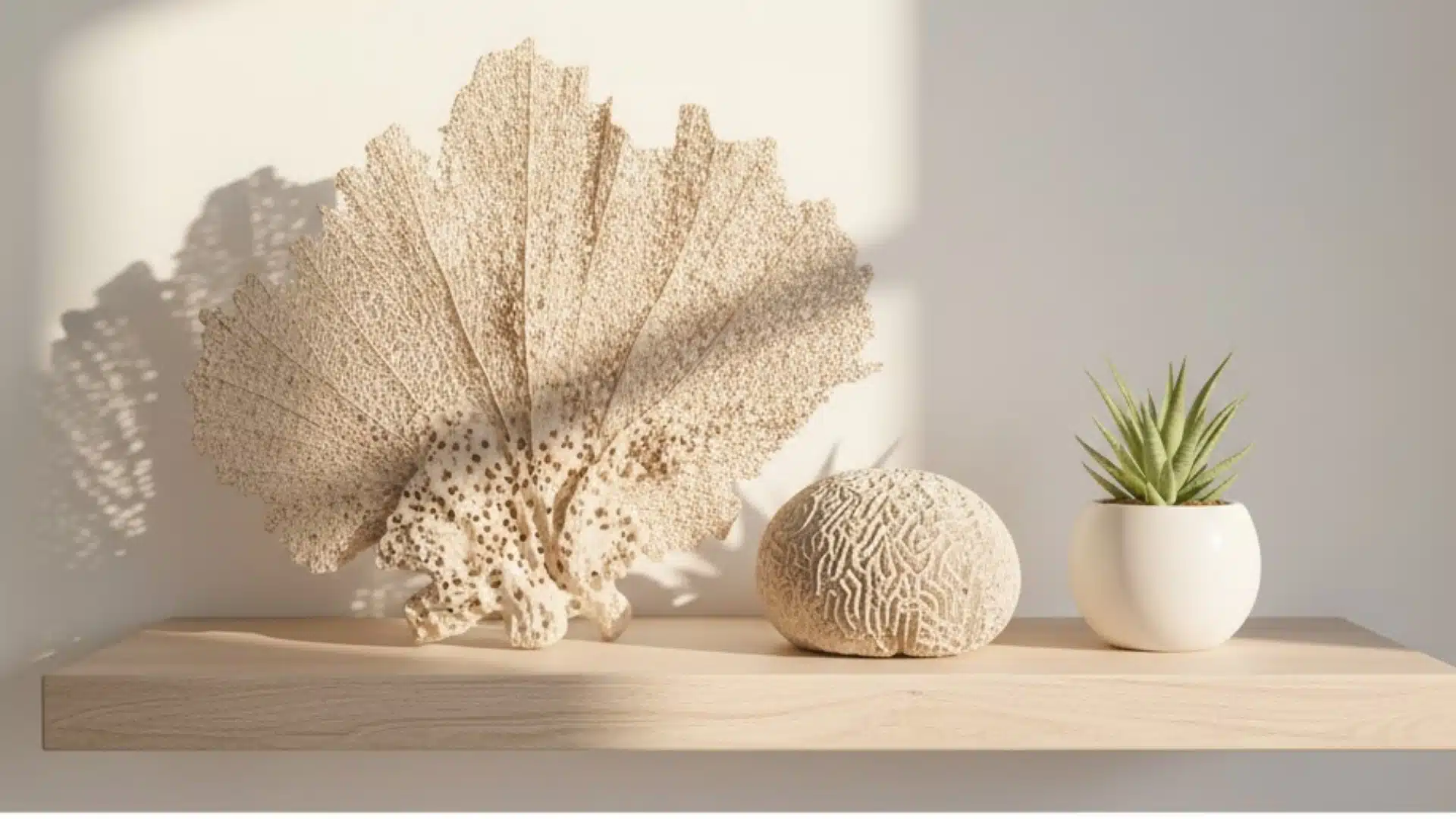 white coral sculptures displayed on a shelf beside a small potted plant