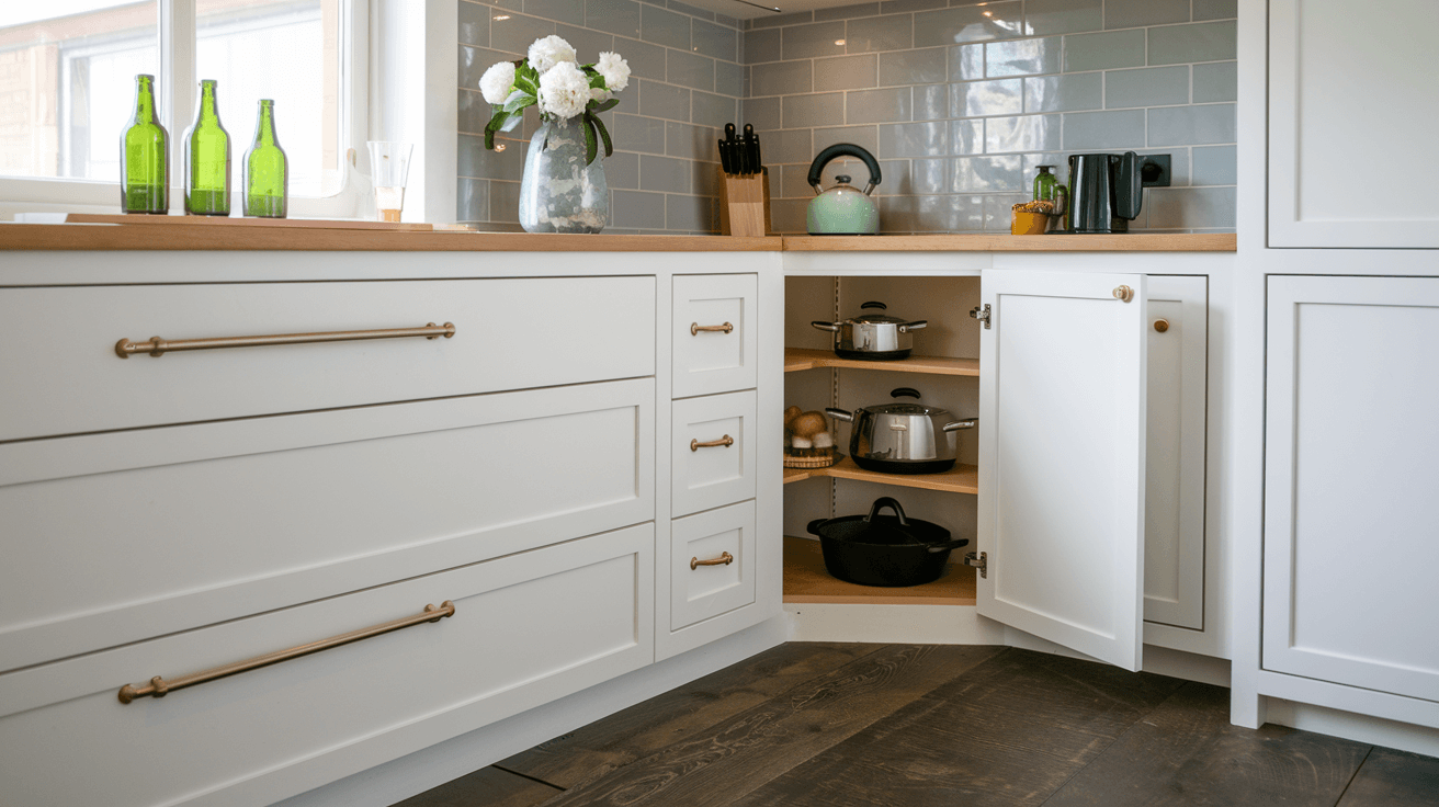 white kitchen corner with deep drawers, pull-out shelves, and organised storage compartments
