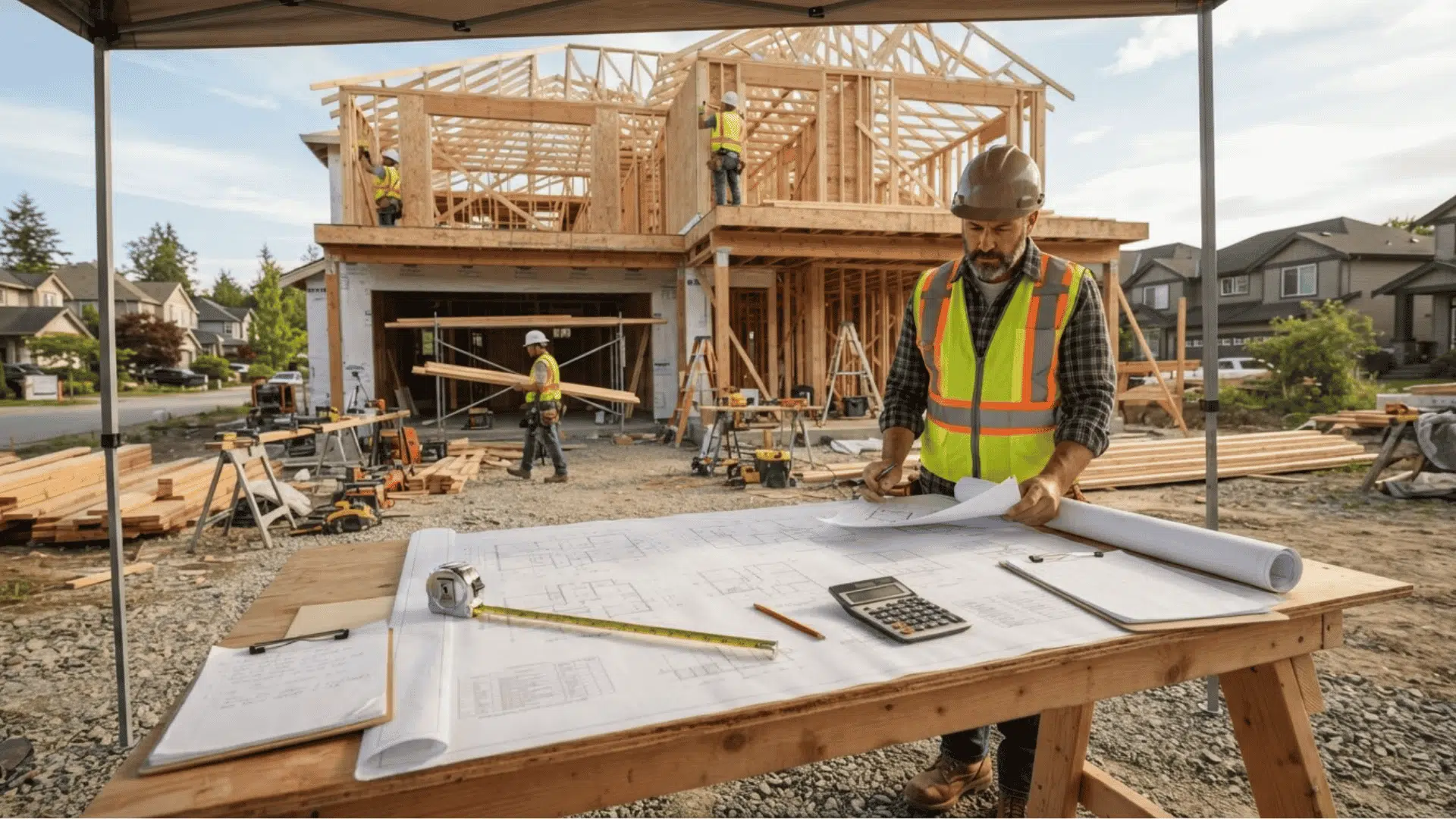 Modern house construction site showing builders reviewing plans, materials, and cost estimates for a new home project