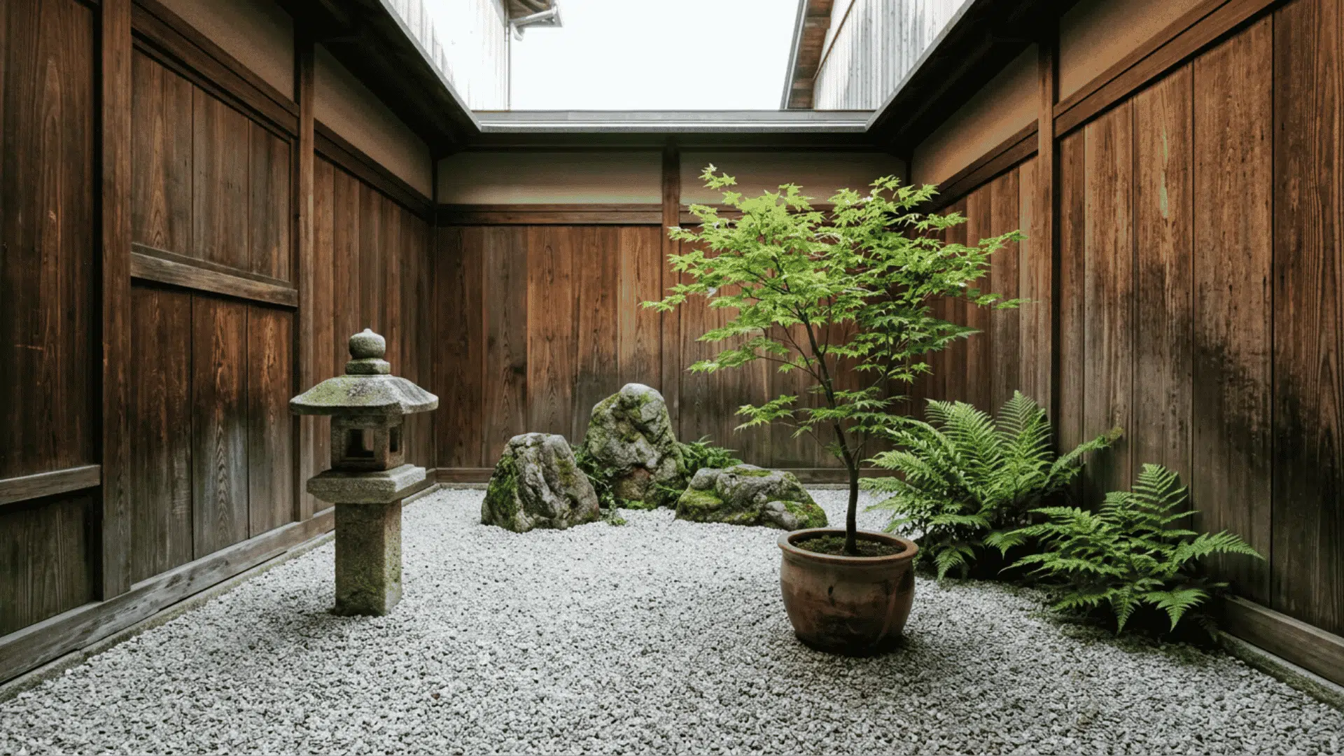 potted maple, stone lantern, ferns, and gravel fill an enclosed courtyard garden