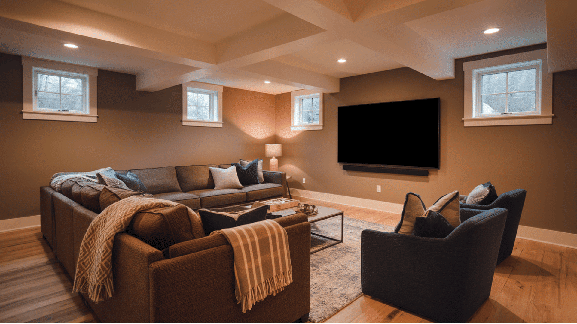 cosy basement family lounge with a sectional sofa, large television, and warm lighting