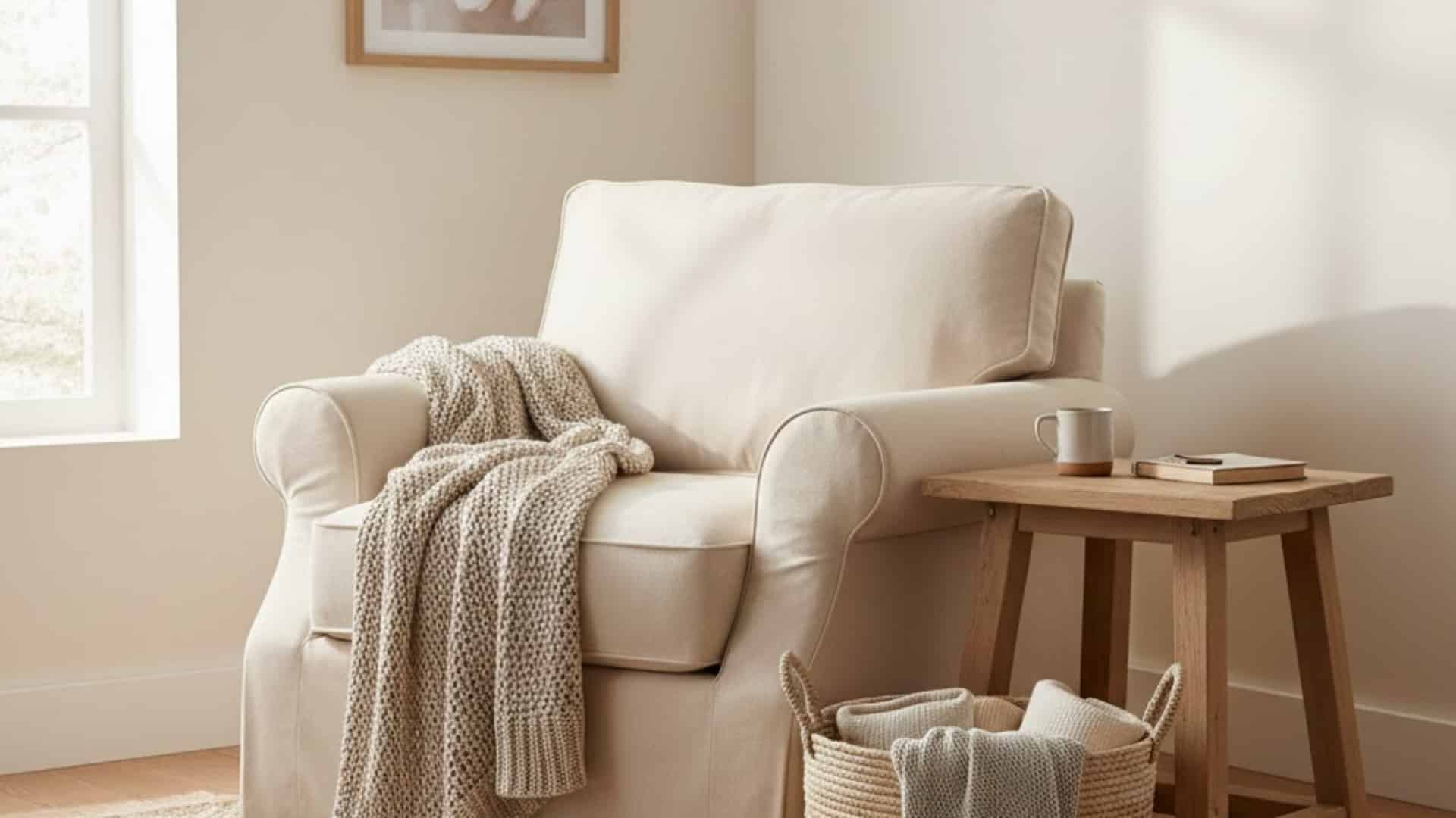 cream armchair with a knitted throw beside a wooden side table in a bright farmhouse corner