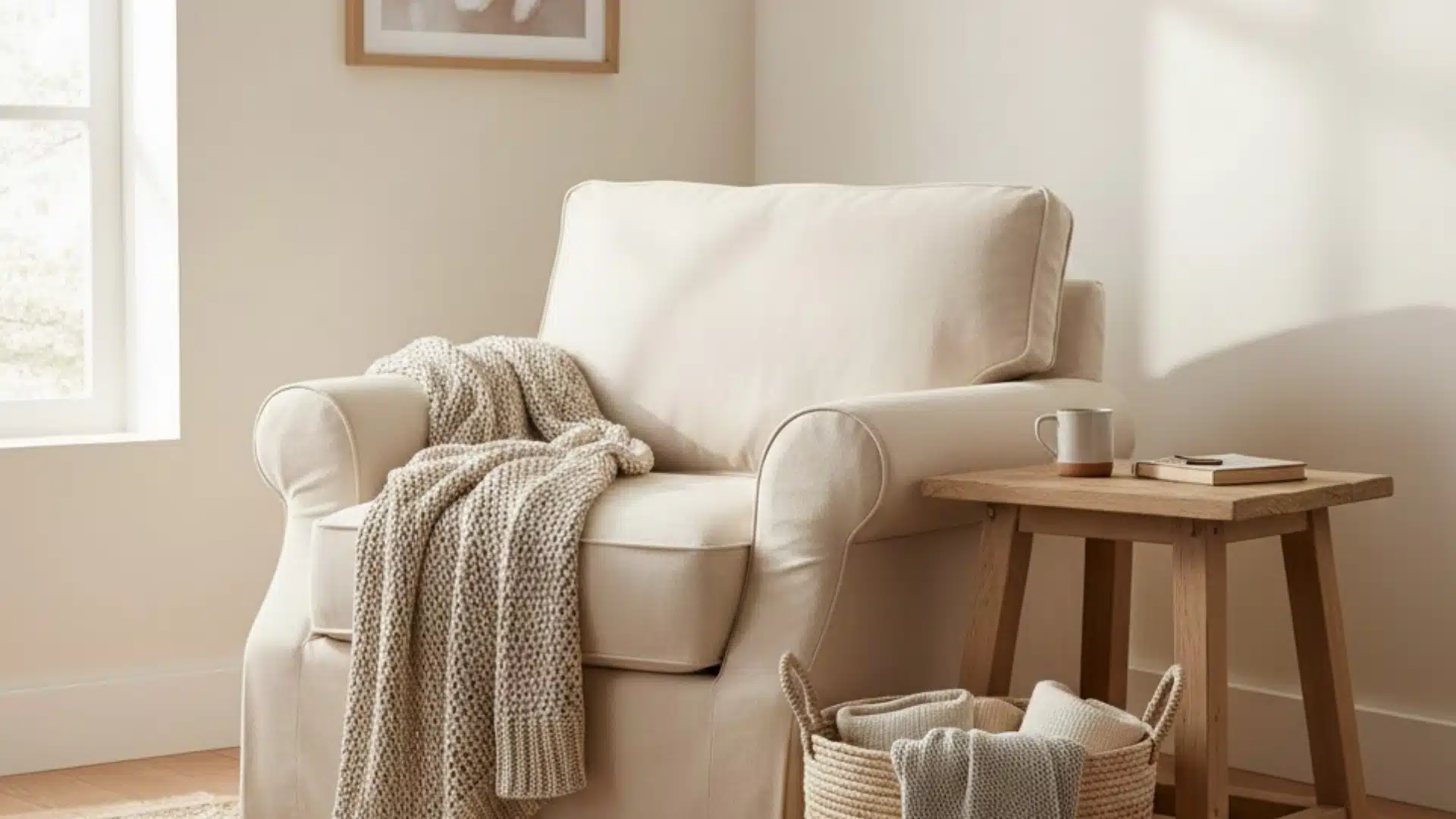 cream armchair with a knitted throw beside a wooden side table in a bright farmhouse corner