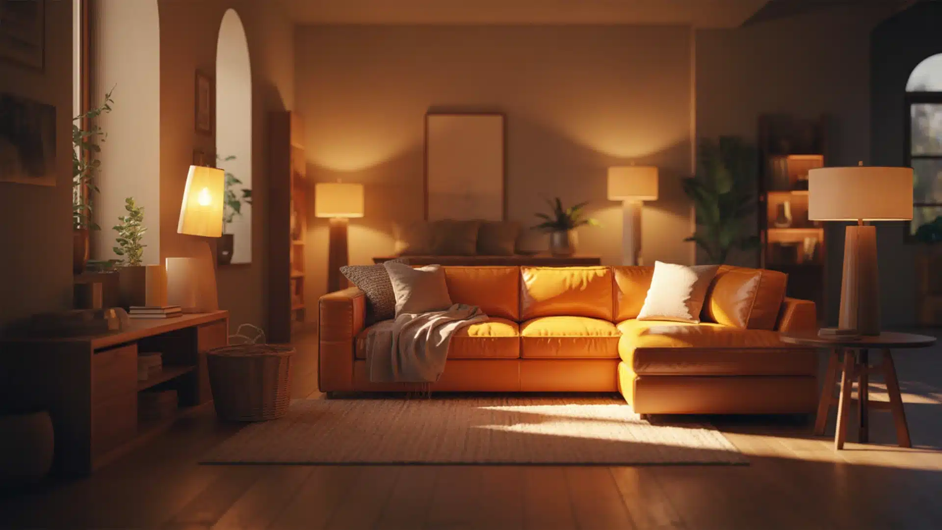 Cozy living room with warm white lighting creating a soft, relaxing and comfortable evening atmosphere