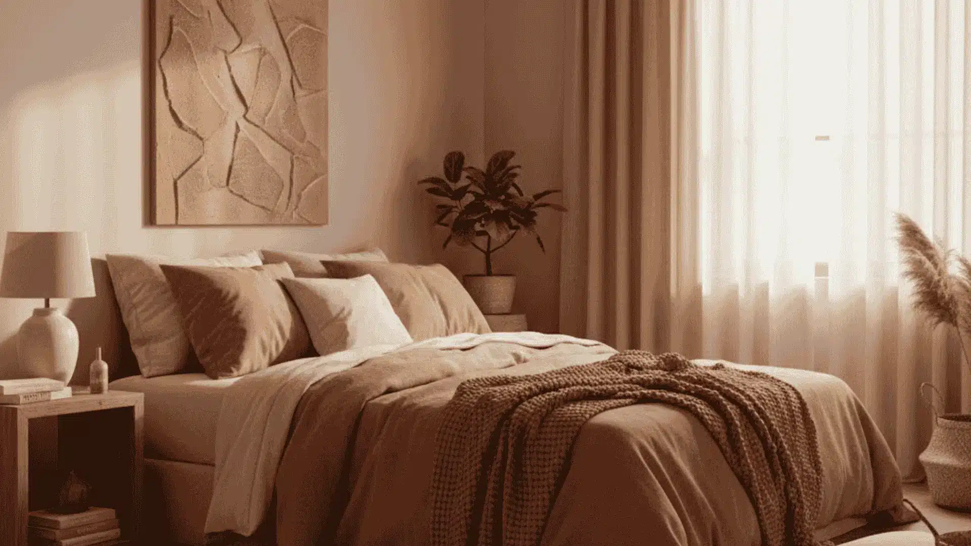 Cozy interior design featuring terracotta tones, soft linen bedding, and textured wall art in a sunlit bedroom