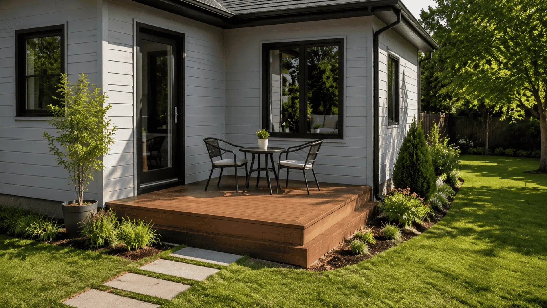 Small corner deck with table and chairs using unused yard space beside a home.