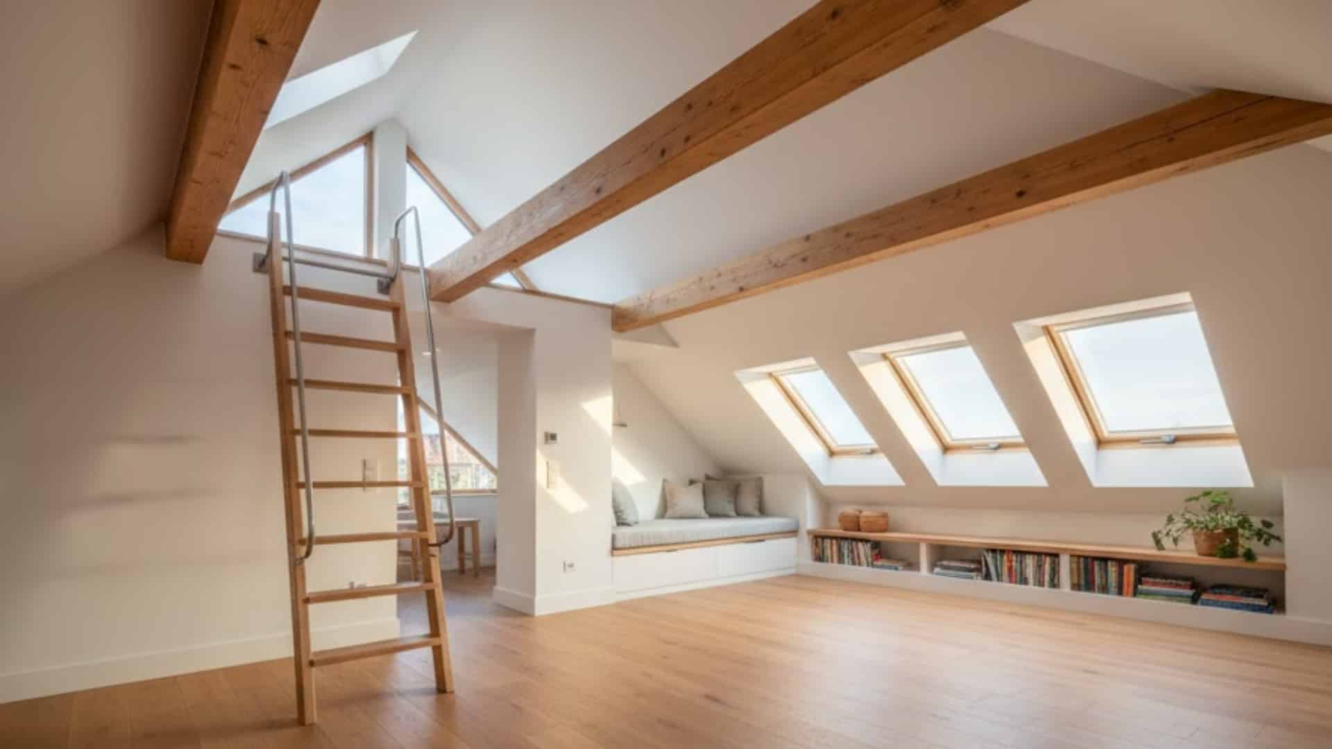 bright loft addition with skylights, exposed beams, built-in seating, and open flexible living space.