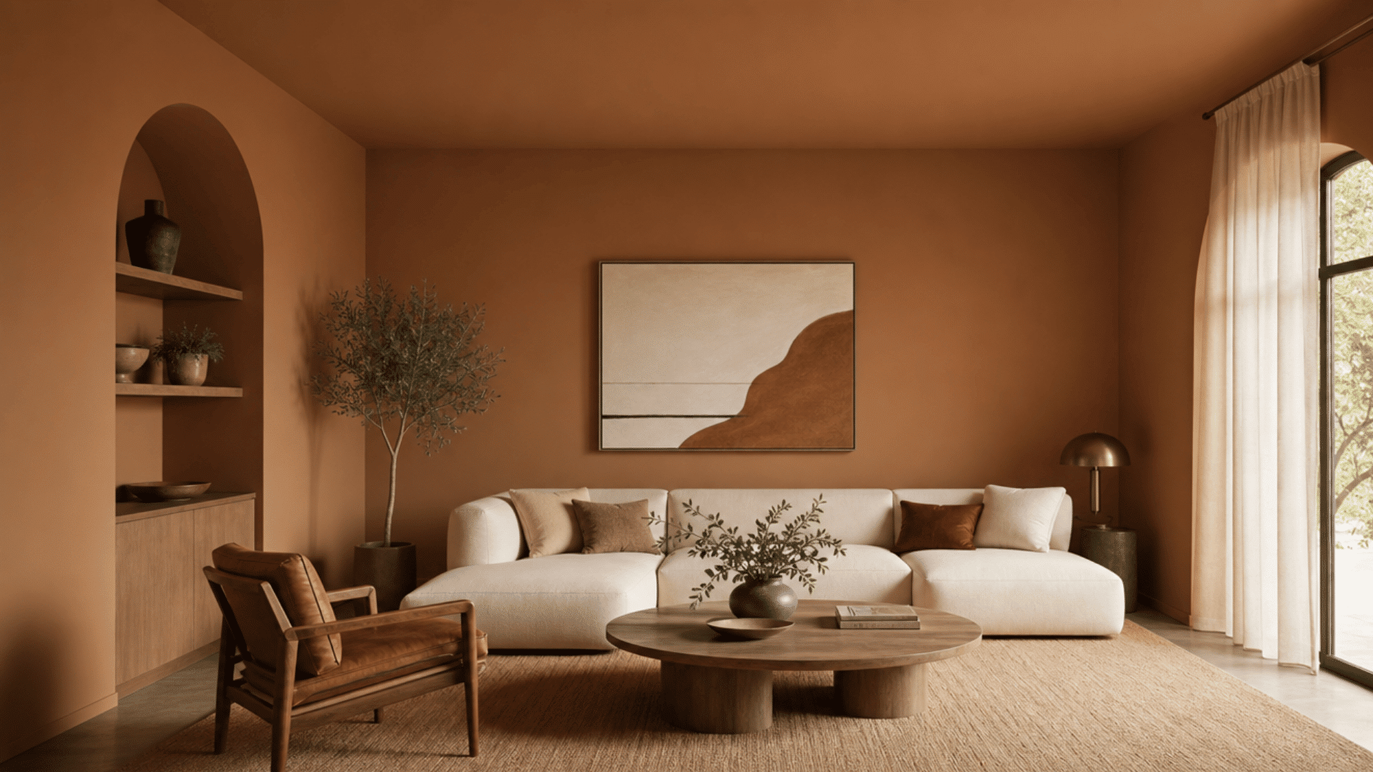 living room with matching brown ceiling and walls creating a seamless look.