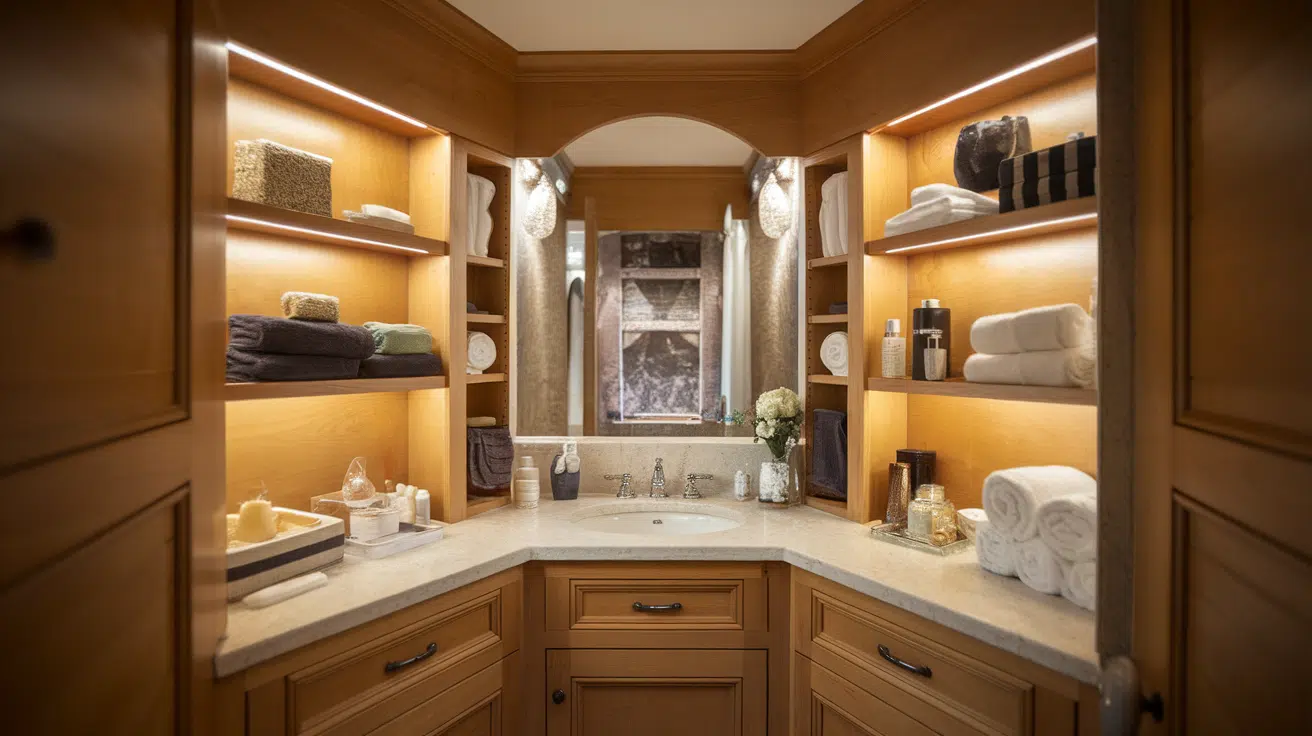 warm wood bathroom cabinets with lit shelves holding towels, baskets, and toiletries