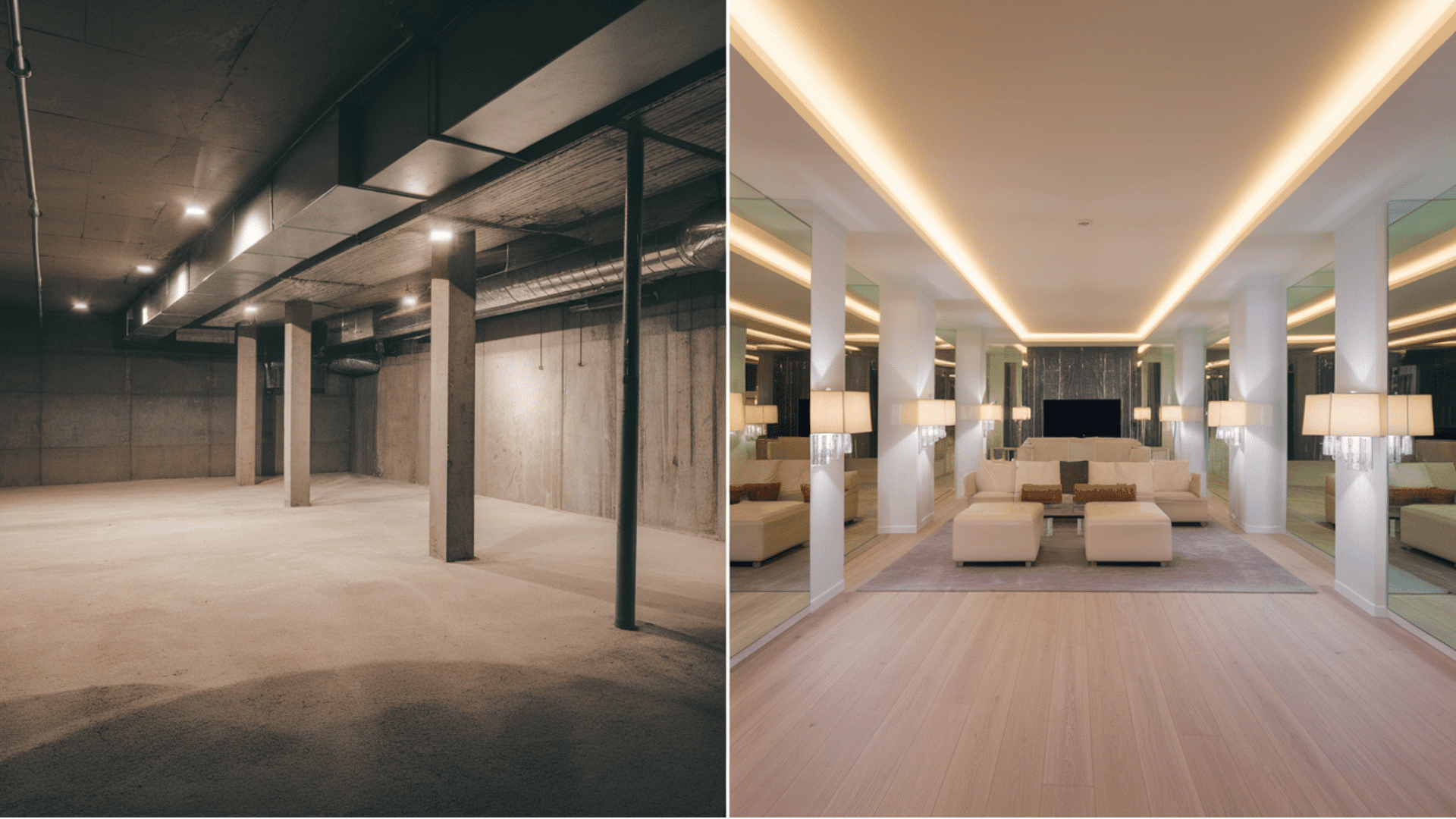 before-and-after basement showing a dark unfinished space changed into a bright lounge