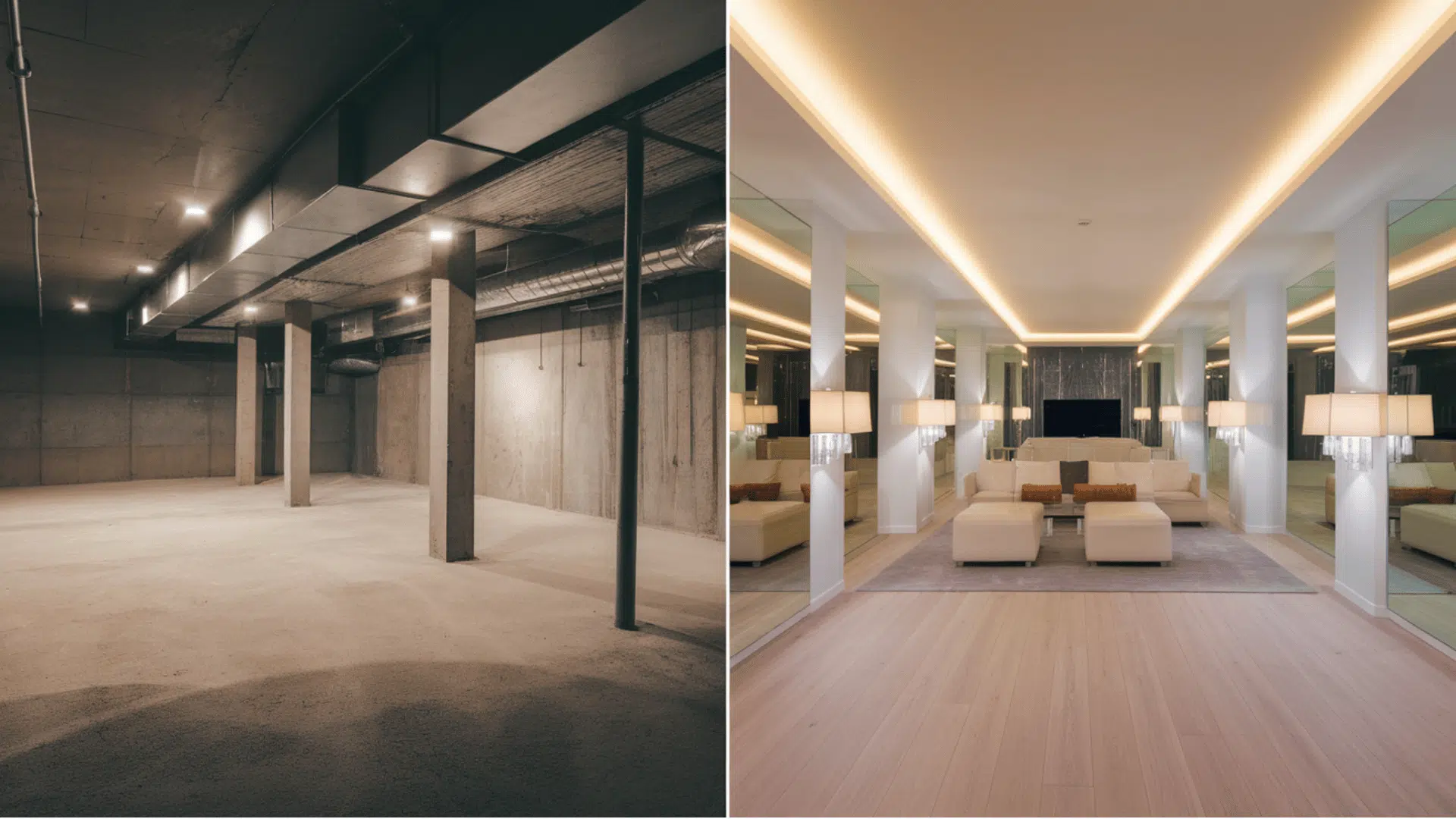 before-and-after basement showing a dark unfinished space changed into a bright lounge