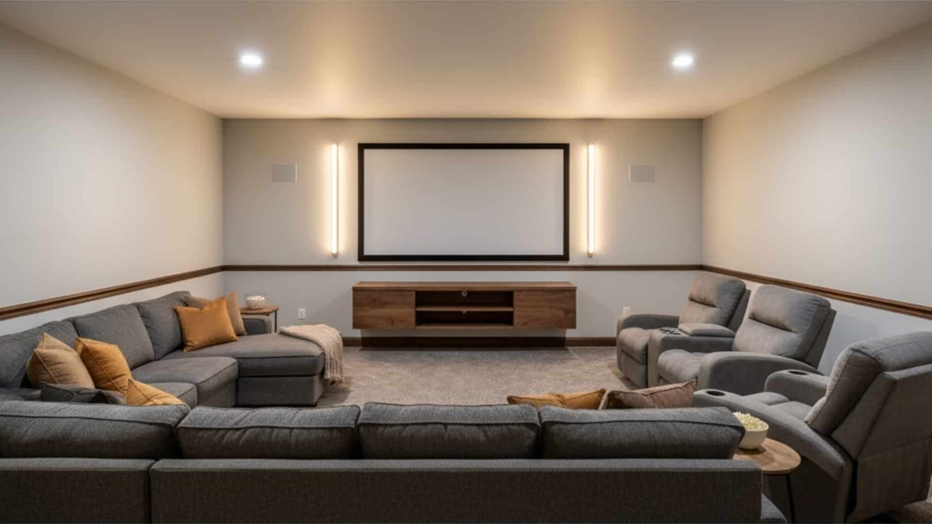 home theater with dark walnut chair rail creating strong contrast on light walls