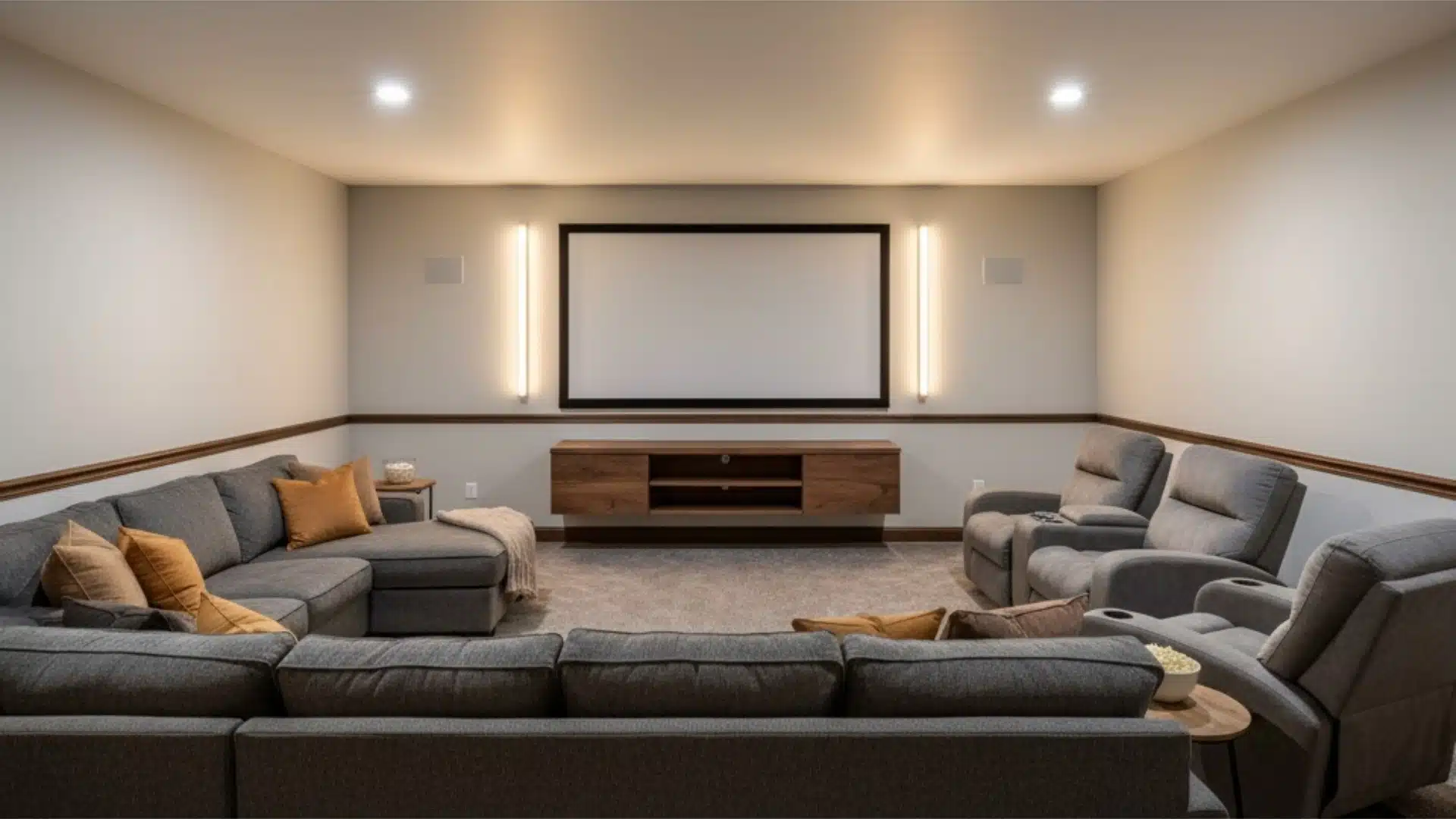 home theater with dark walnut chair rail creating strong contrast on light walls