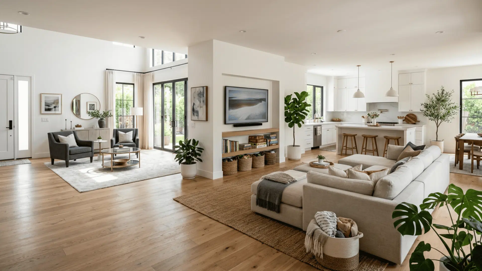 modern open-concept home with a formal living room near the entrance, cozy family room by the kitchen, neutral décor, wood floors, and large sunlit windows.