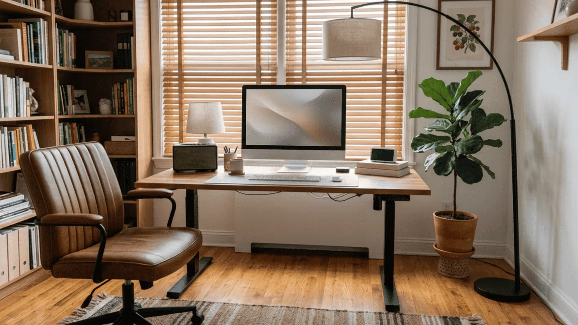 setting up home office with ideal desk height, adjustable desk and monitor setup