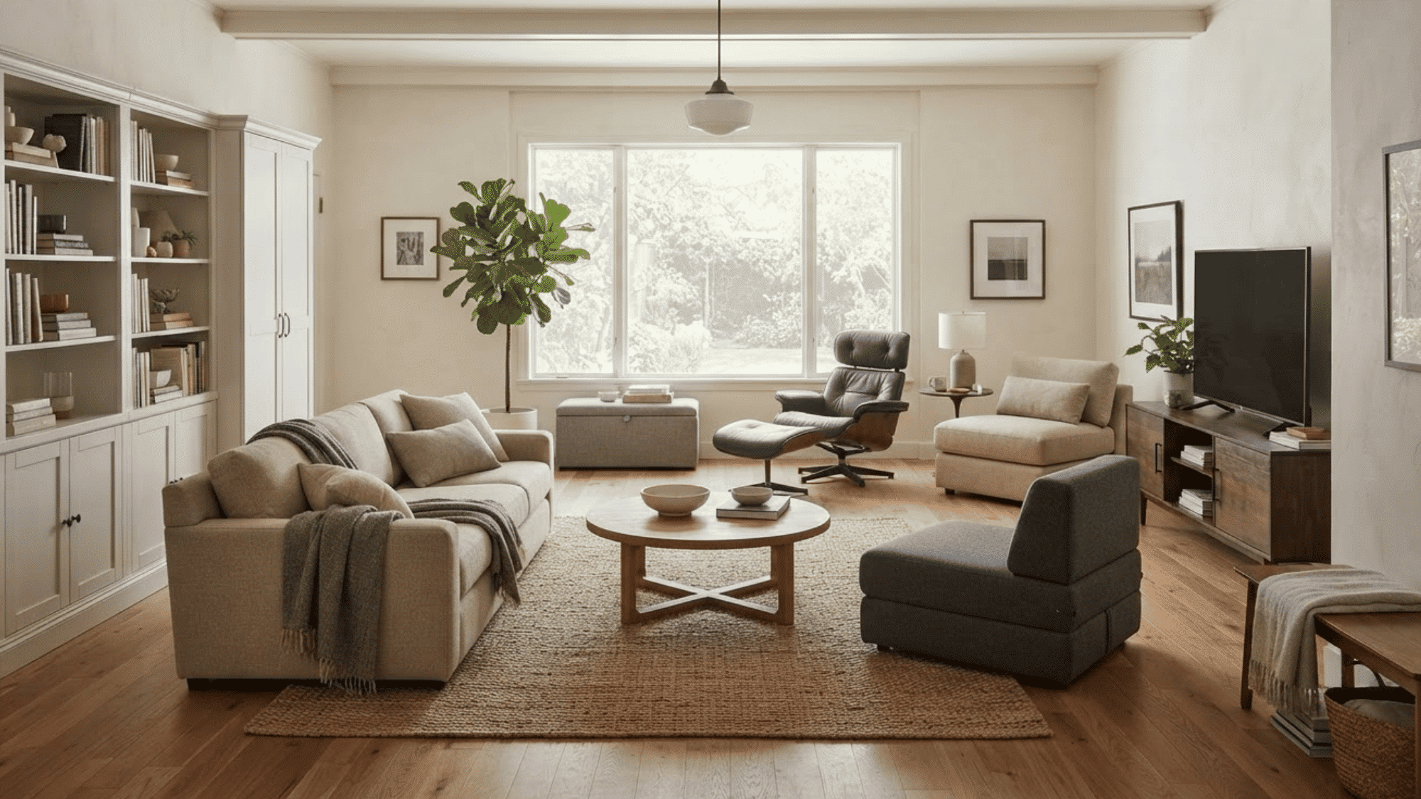 Spacious living room with sofa, recliner, accent chairs, storage cabinets, rug, and TV console.