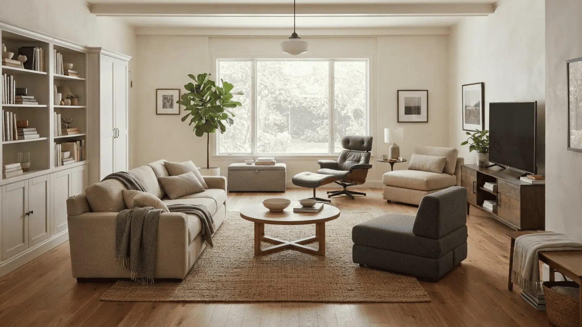 Spacious living room with sofa, recliner, accent chairs, storage cabinets, rug, and TV console.