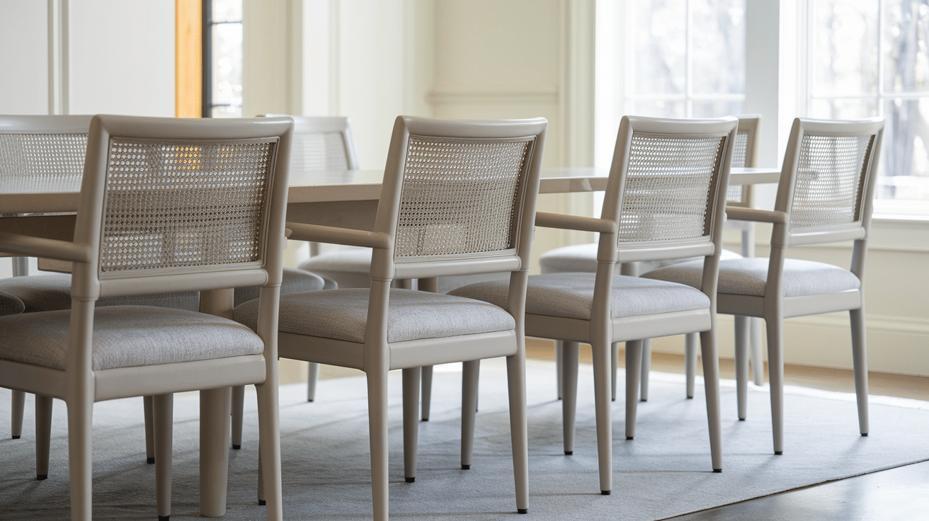 upholstered dining chairs arranged around a long wooden dining table