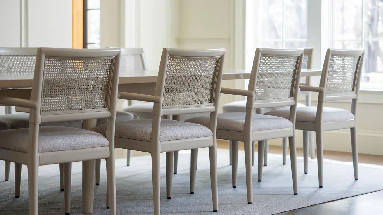 upholstered dining chairs arranged around a long wooden dining table