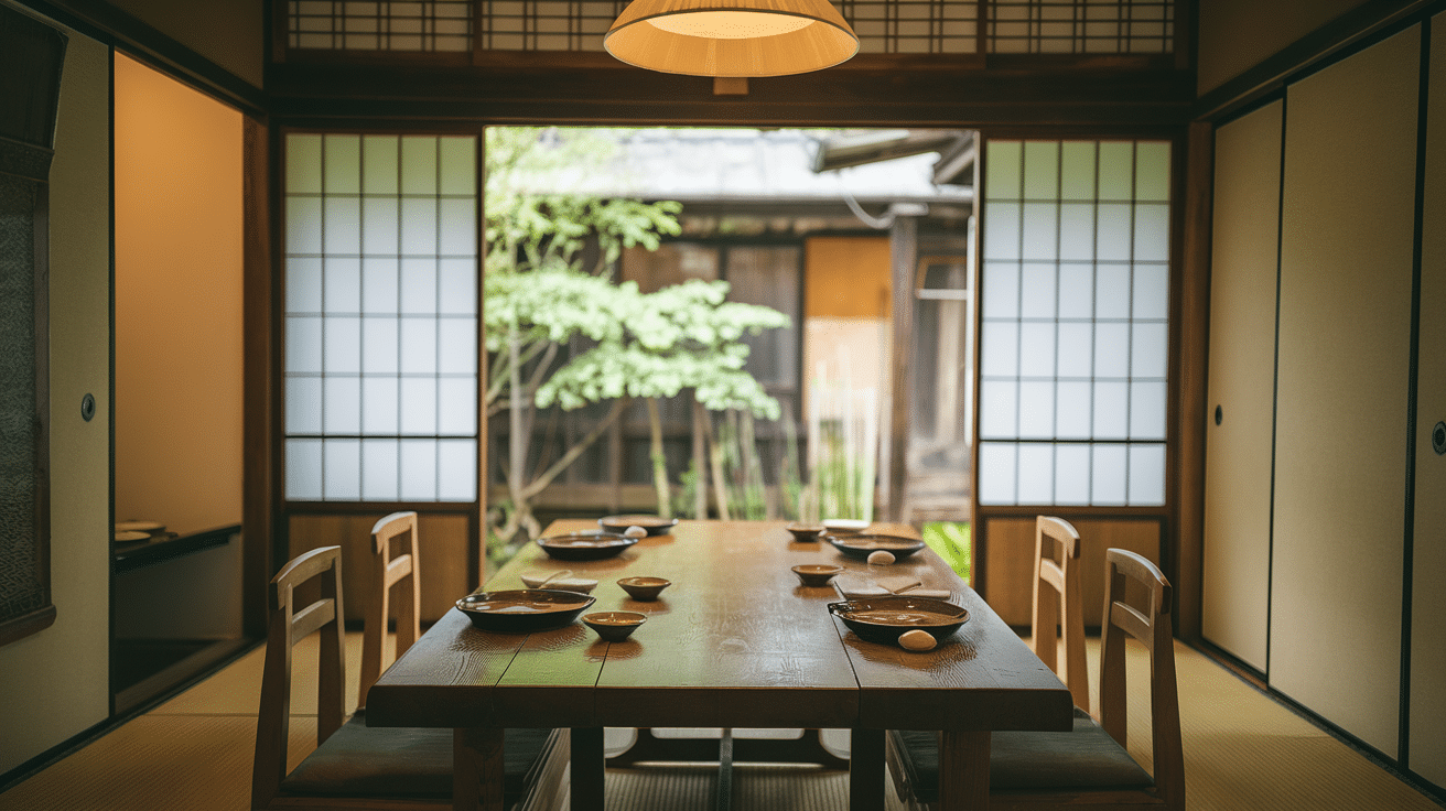 Japanese-style dining room with a wooden table, shoji doors, and a garden view.