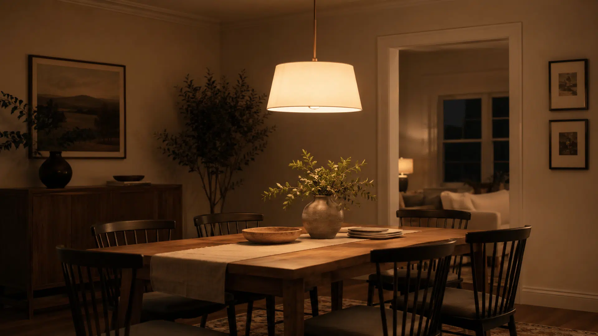 Dining room lit with soft white warm lighting