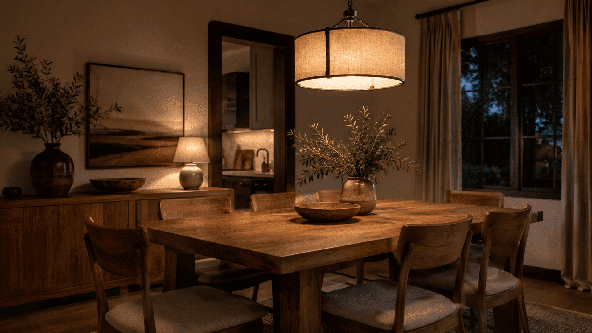 Dining room lit with warm 2800K pendant lighting